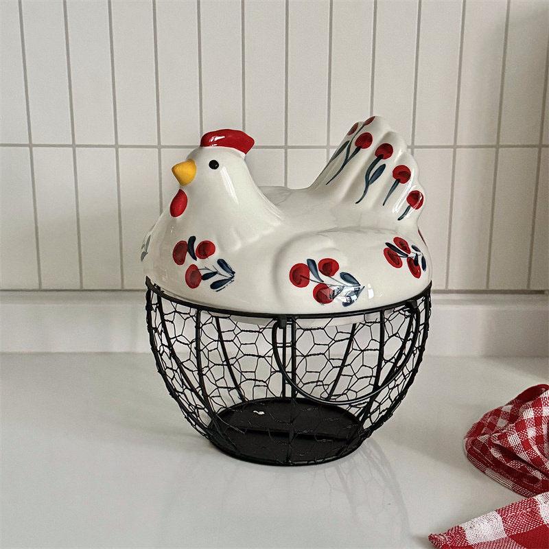 Farmhouse Style Chicken Ceramic Egg Basket with Metal Wire and Lid, Decorative Multi-Functional Kitchen Storage Box, Dustproof Seal Design