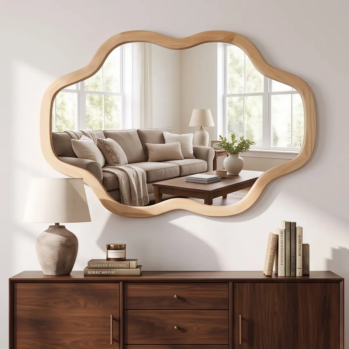 Natural Wood 20*30 Inch Cloud‑Shaped Wall Mirror, Solid Wood Frame Tempered Glass No‑Distortion Irregular Scalloped Mirror for Boho Farmhouse Bathroom Entryway Living Room