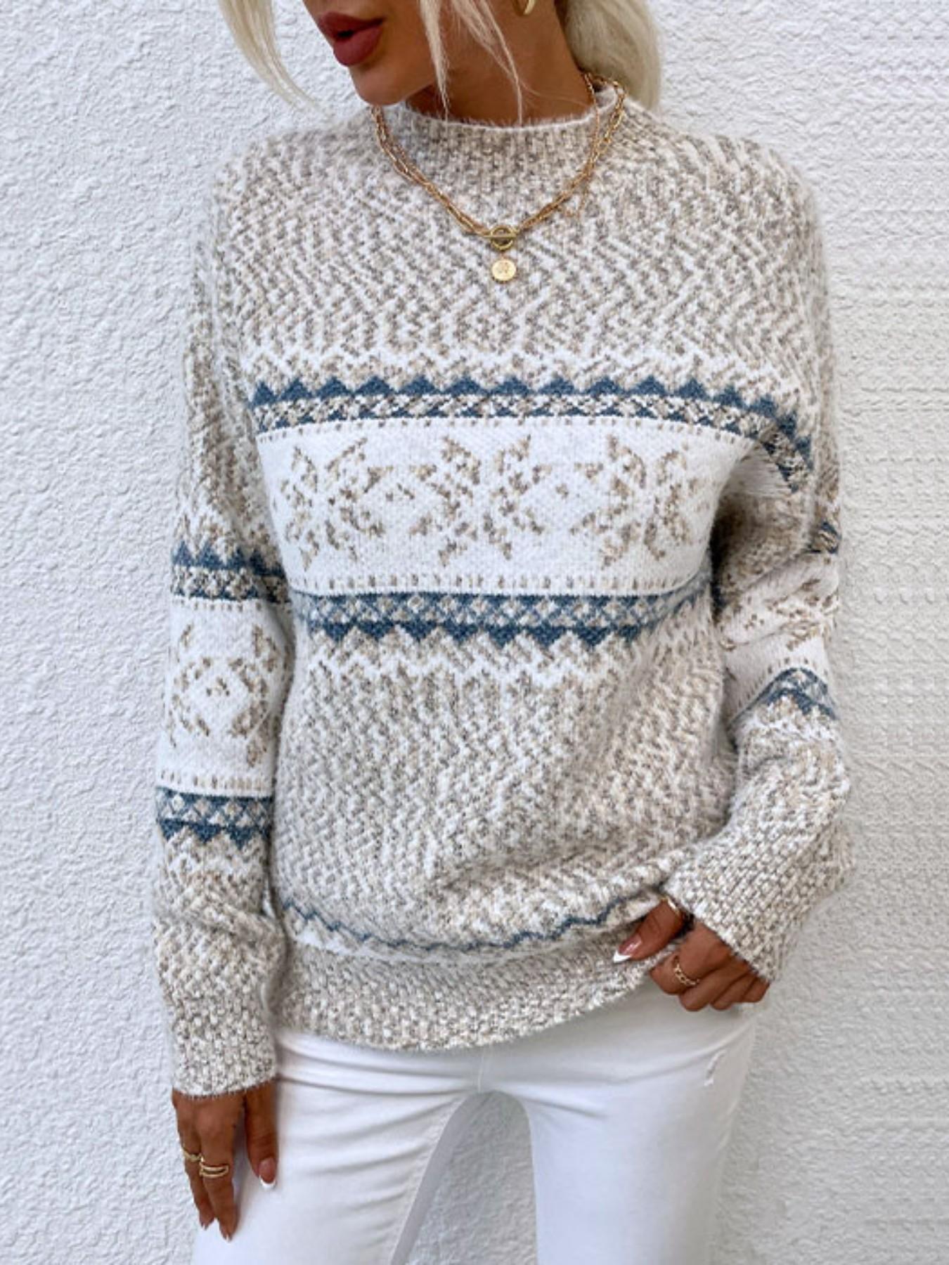1 Piece 2026 Fall Winter New Knit Sweater, European American Lazy Style, Thick Warm Chenille Fabric, Mock Neck Long Sleeve Snowflake Jacquard Oversized Top, Women Christmas Party Commute Casual Pullover