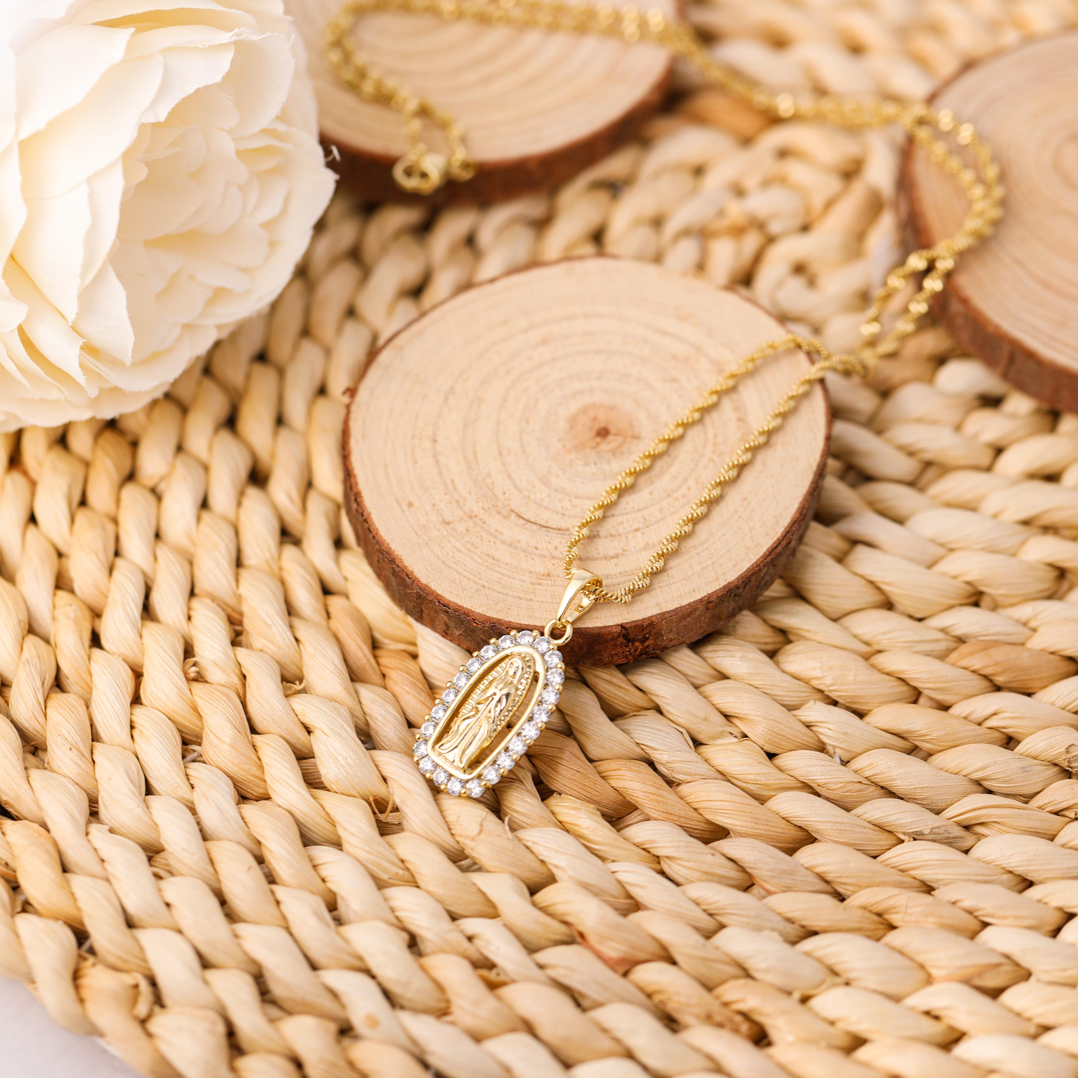 Mytys Virgin Mary Necklace CZ Cubic Zircon Pendant Double Threaded Chain Necklace Religion Jewelry for Women Modern Versatile Accessories