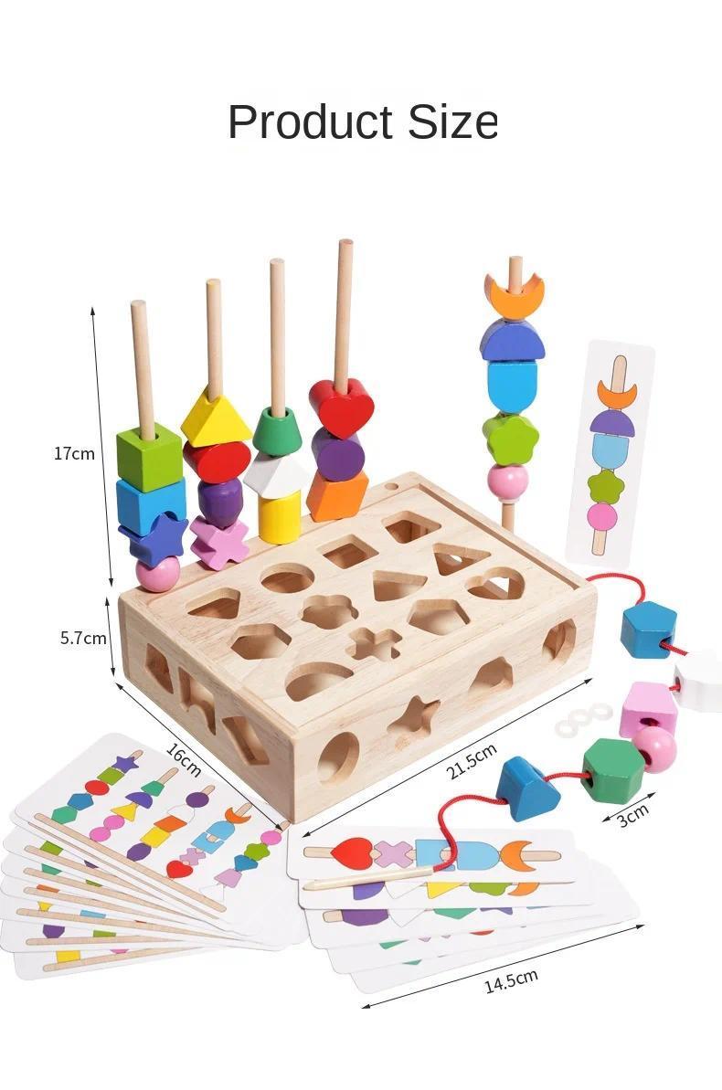 5-in-1 Montessori Wooden Toys Color Shape Cognition Blocks Matching Sorting Game Beaded Early Educational Toys Gift for Children