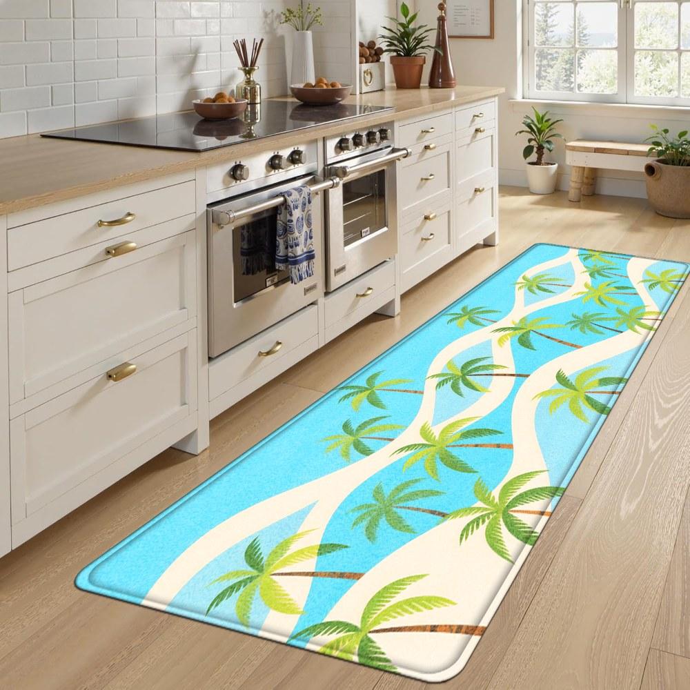 1PC， Spring Coconut Tree Beach Scene Patterned strip rugs, home décor, bathroom mats, entryway mats, bathroom non-slip mats, indoor entrance rugs, bedroom bedside mats, kitchen mats, hallway rugs, flannel sponge rugs, hallway runner rugs