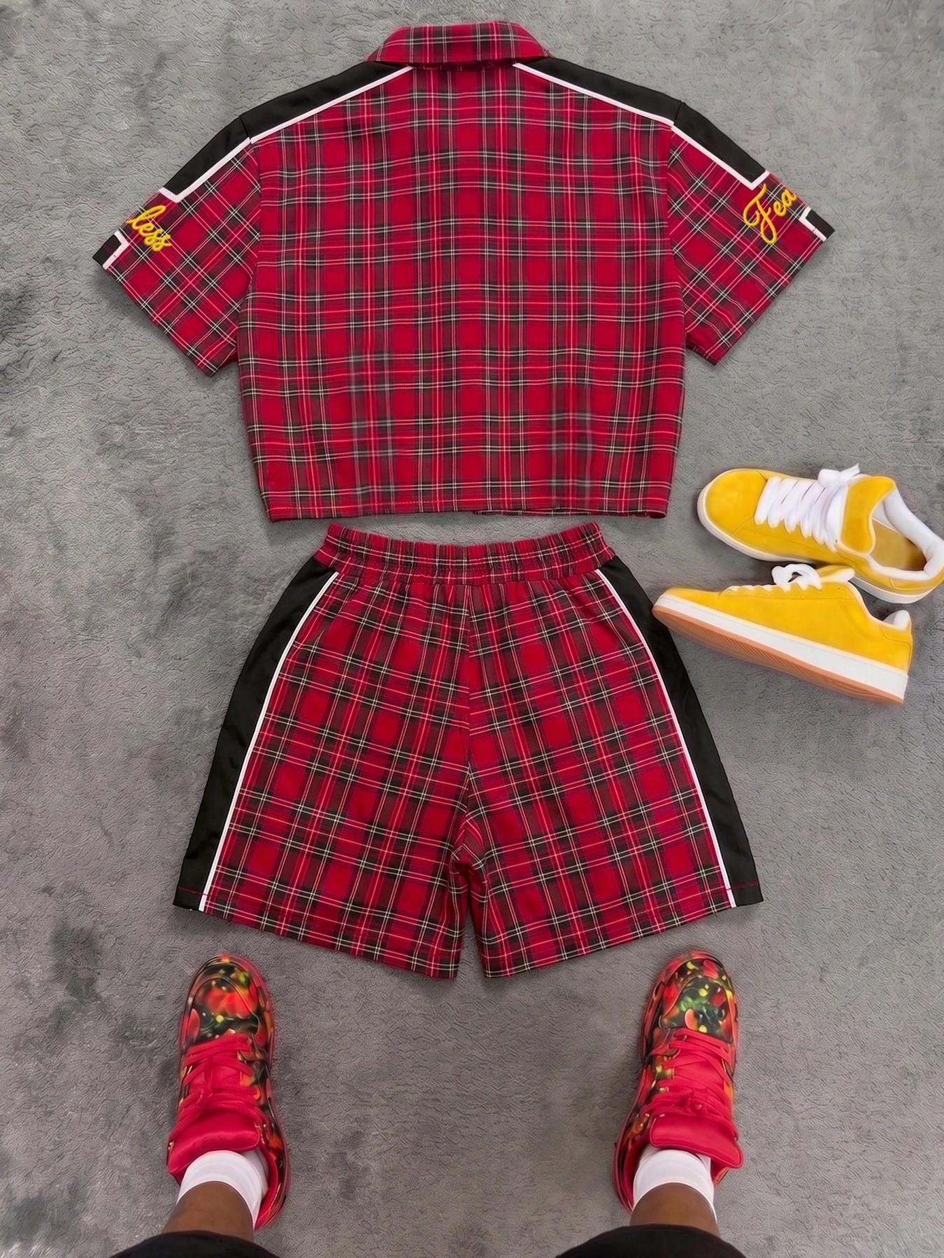 Racing Core Vintage Men's Plaid Short Sleeve Shirt and Shorts Set Red Tartan Color Block Stripe Tracksuit Outfits with Fearless Embroidery for Summer Streetwear Festival