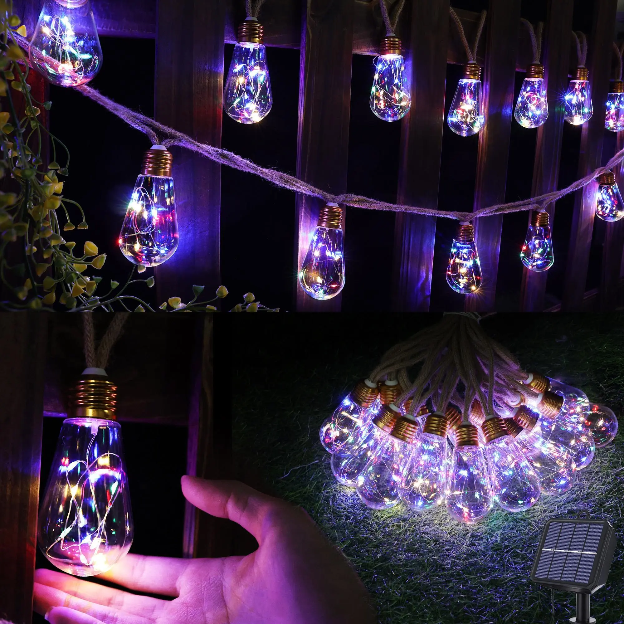 Colorful Solar-Battery Powered String Lights, 26 ft, 16 LED Bulbs Included, Built-In Solar Panel, Waterproof Patio Decor Mood Lighting for Bedroom, Backyard
