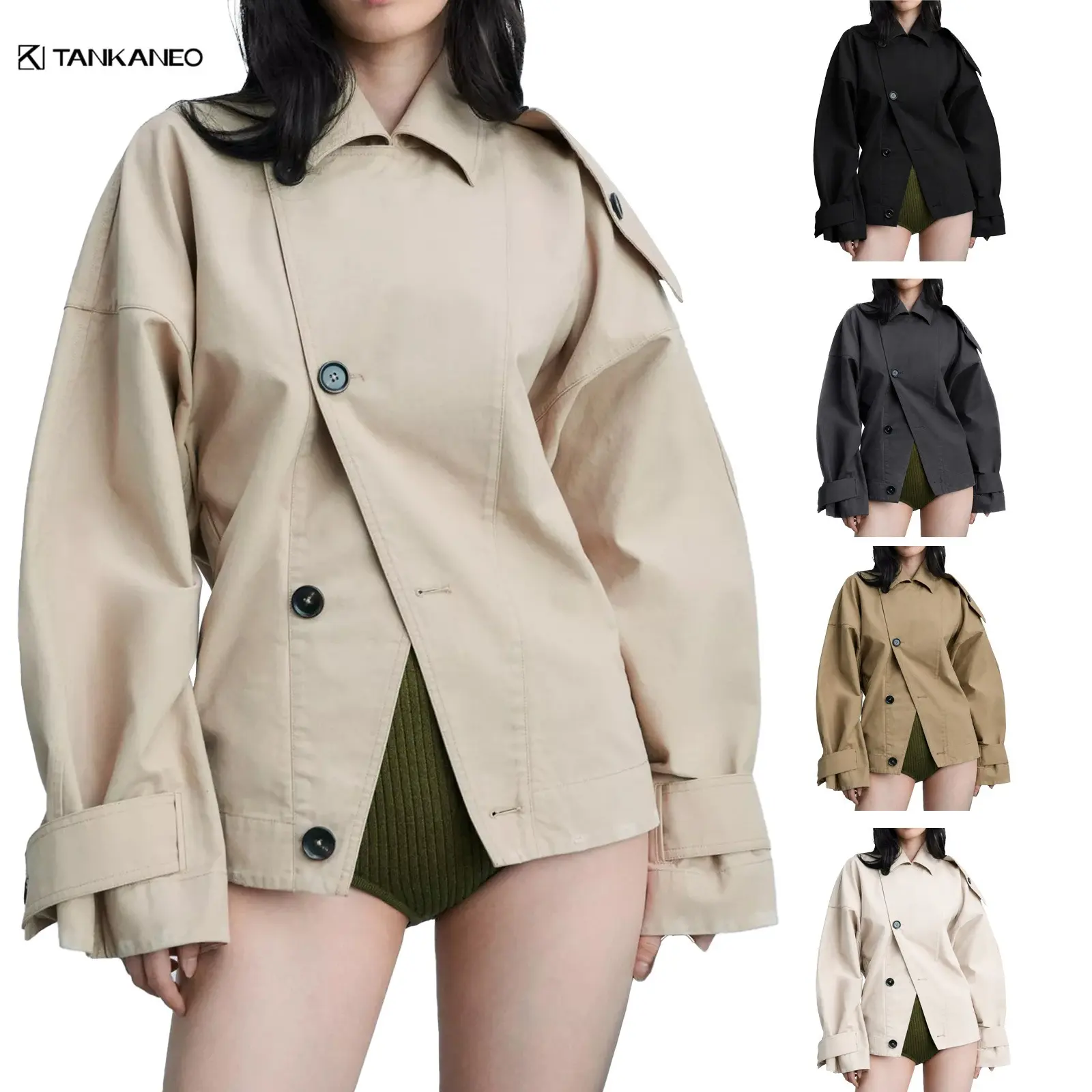 Tankaneo Womens Trench Coat Single Breasted Lapel Casual Oversized Coats Short Jacket Fall Outerwear