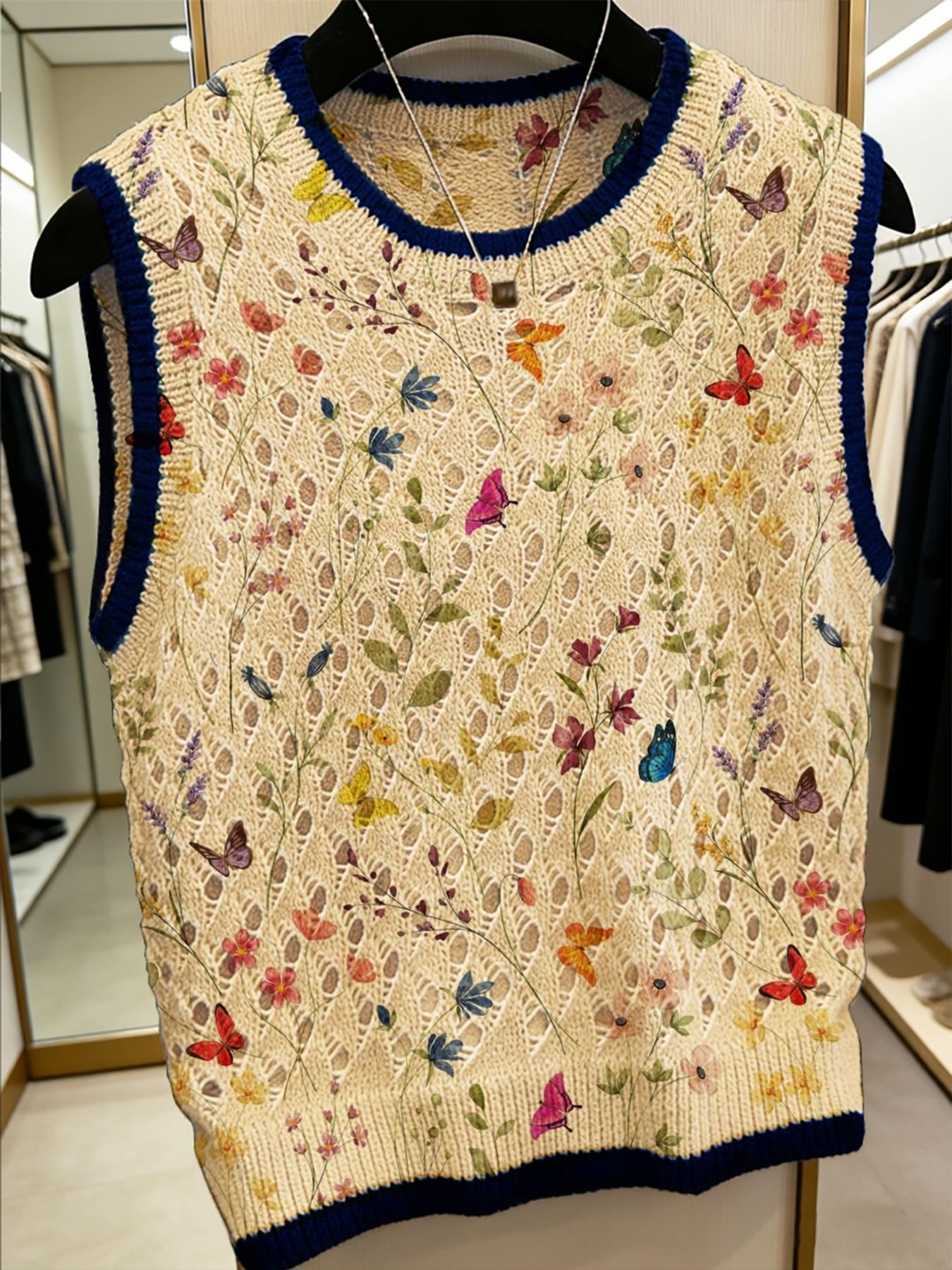 Women's Casual Butterfly Animal Floral Print Round Neck Vest Top, Loose-Fitting Short Knit Sweater Vest, Spring Summer Fall Fashion