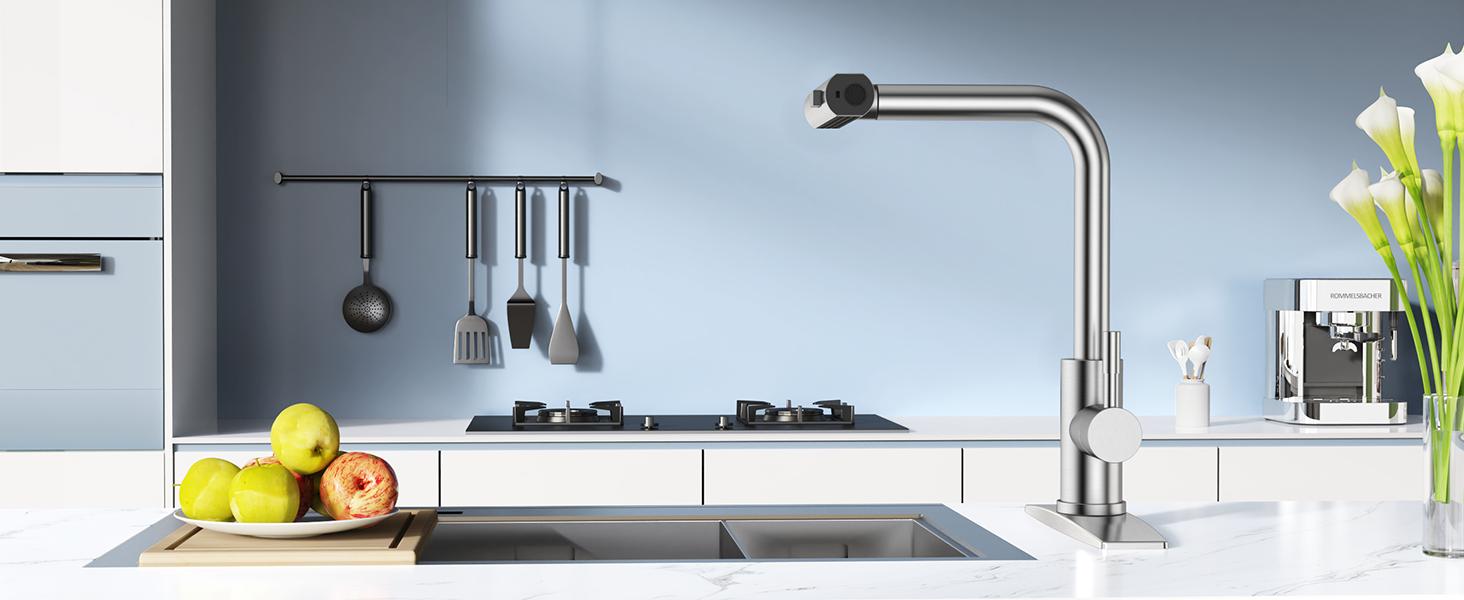 FORIOUS Waterfall Kitchen Faucet with Pull Down Sprayer Stainless Steel Kitchen Faucets with 3 Modes 90° Rotating to Switch Mode SUS304 Sink Faucet