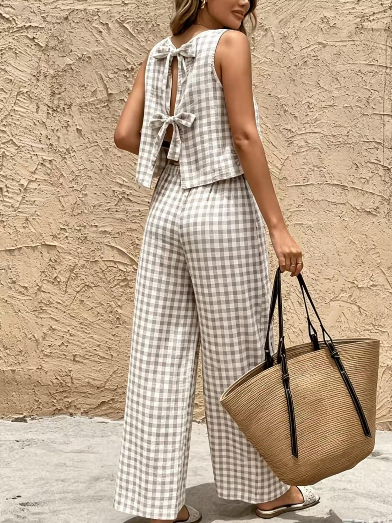 Women's 2-Piece Vintage Plaid Set, Casual Tank Top and Wide-Leg Pants, Summer Comfortable Matching Outfit