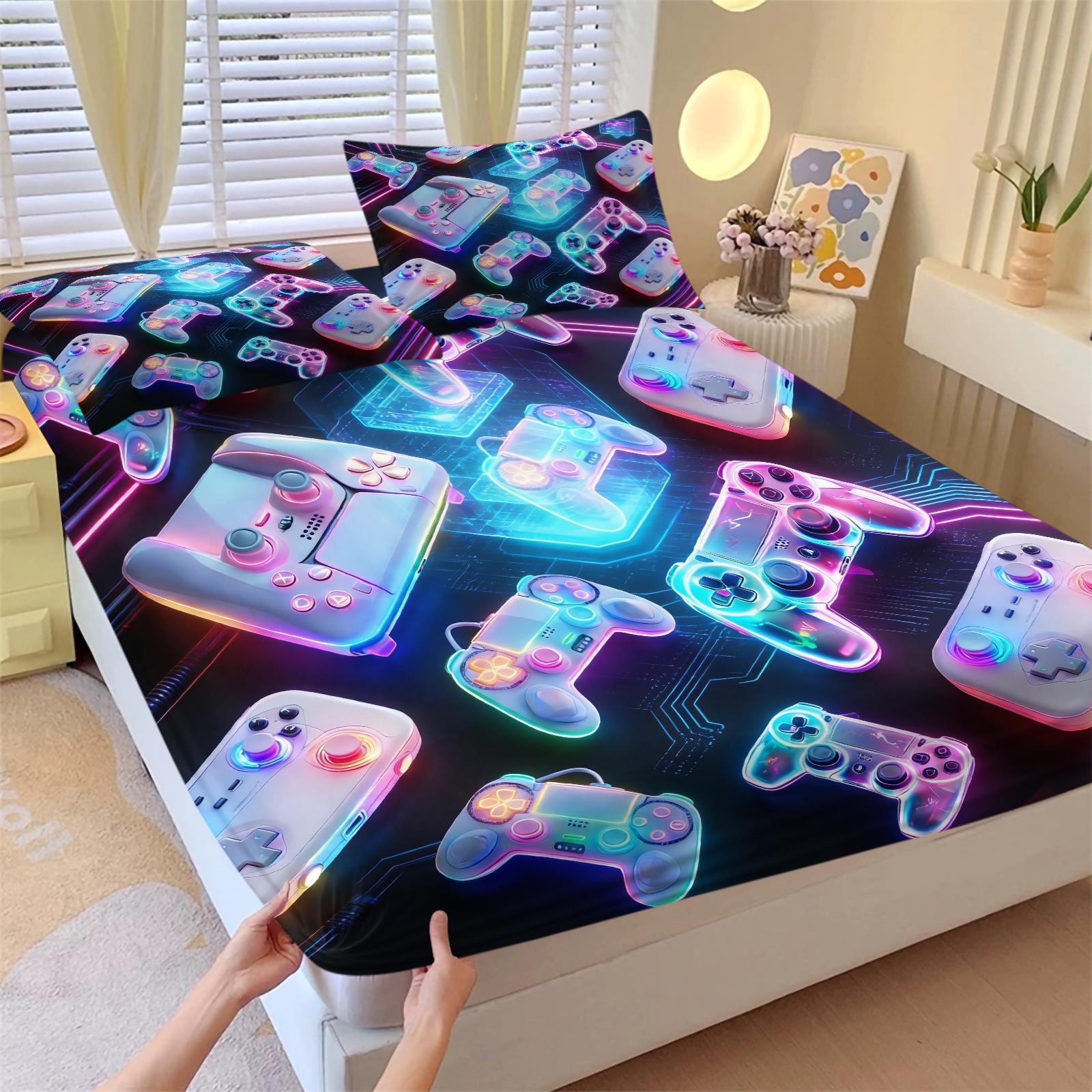 3-Piece Neon Game Controller Bed Set Fitted Sheet Set, Cyberpunk Style, Soft Skin-Friendly Fabric, Ideal for Gaming Rooms, Boys' Dorms, Comfortable & Stylish