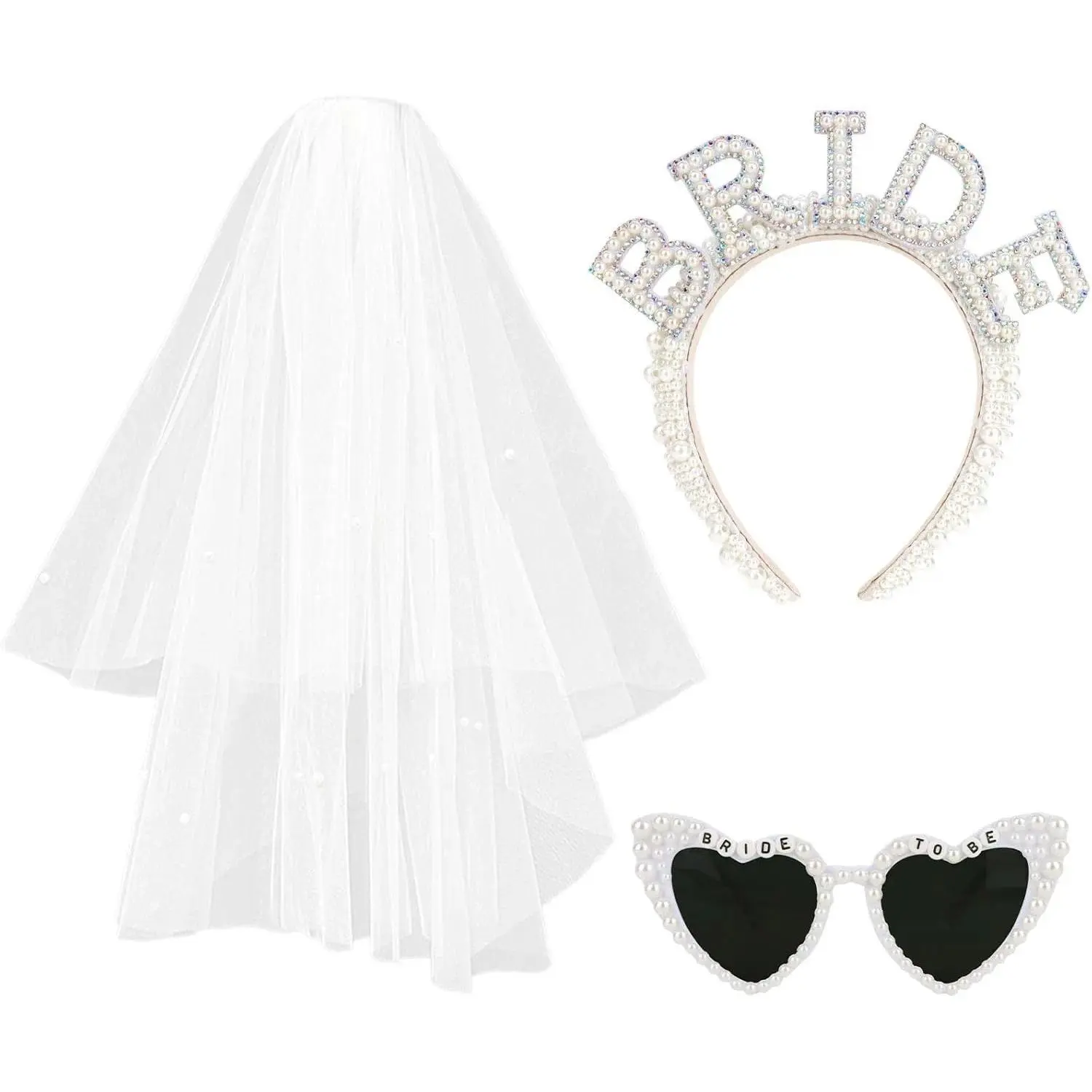 3pcs Pearl Headband Bride Veil Heart Sunglasses for Bachelorette Party Supplies Bride Accessories Wedding Bridal Shower Gifts