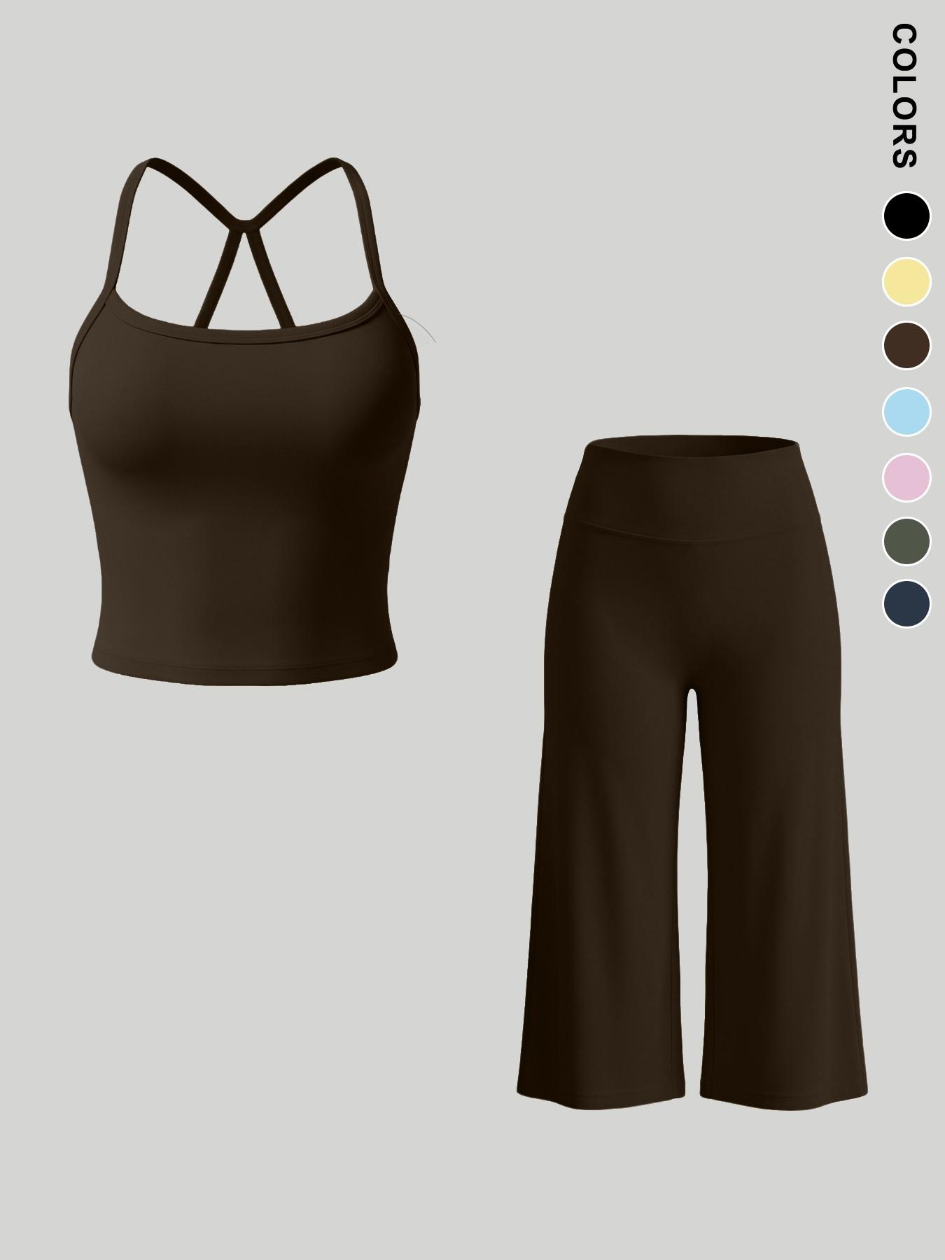 Women's Sporty Fitted Tank Top & High-Waisted Wide-Leg Pants Set, Breathable Solid Color, Ideal for Yoga, Casual Wear, Home Comfort, Athleisure Summer Clothes