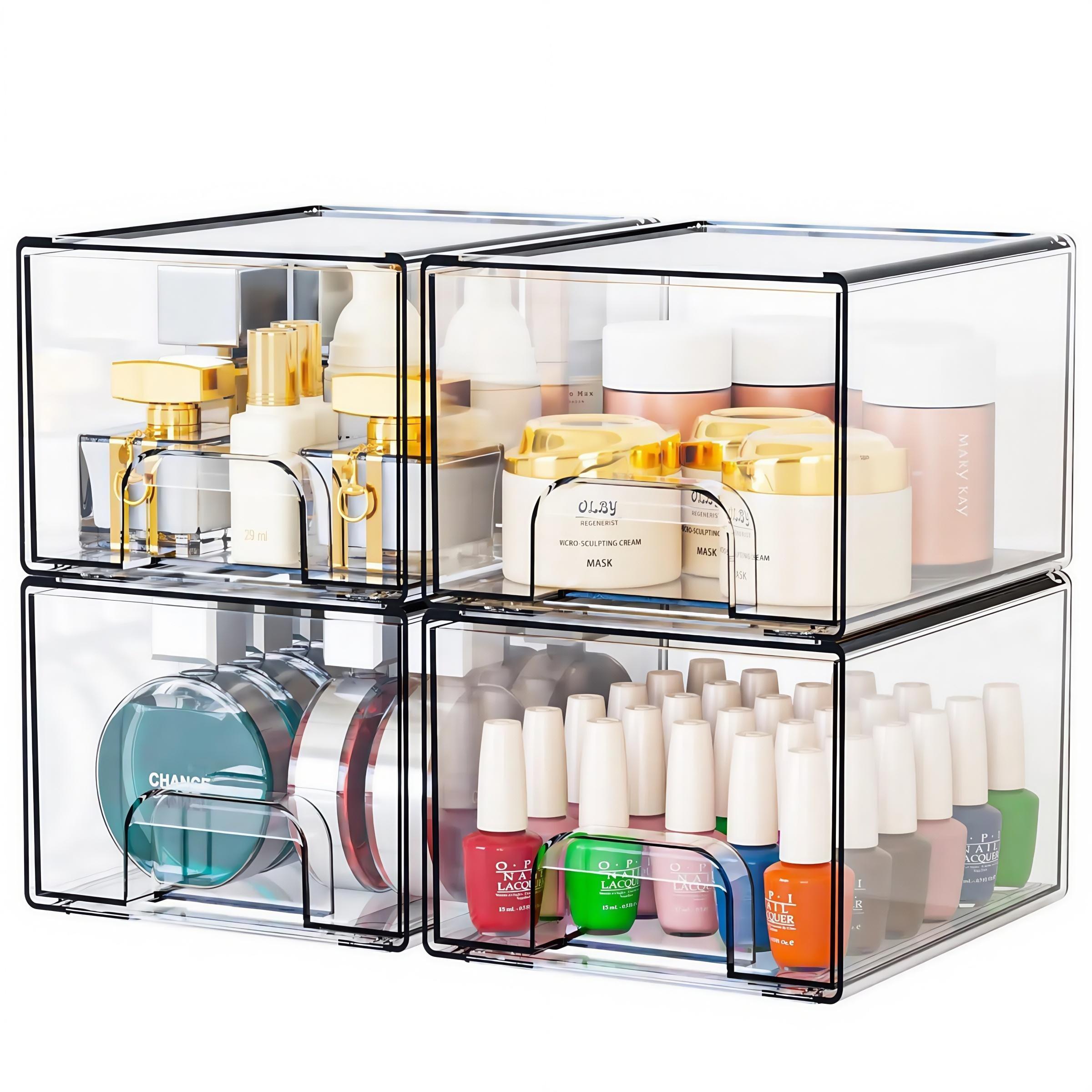 Stackable Cosmetic Storage Drawers, Premium Acrylic Makeup Organizer Box, Stackable Design, Organized Storage, Storage Solution, Nail Polish Storage, Compact Footprint, for Vanity, Bathroom, Sink Under, Kitchen Cabinet, Multi-Functional