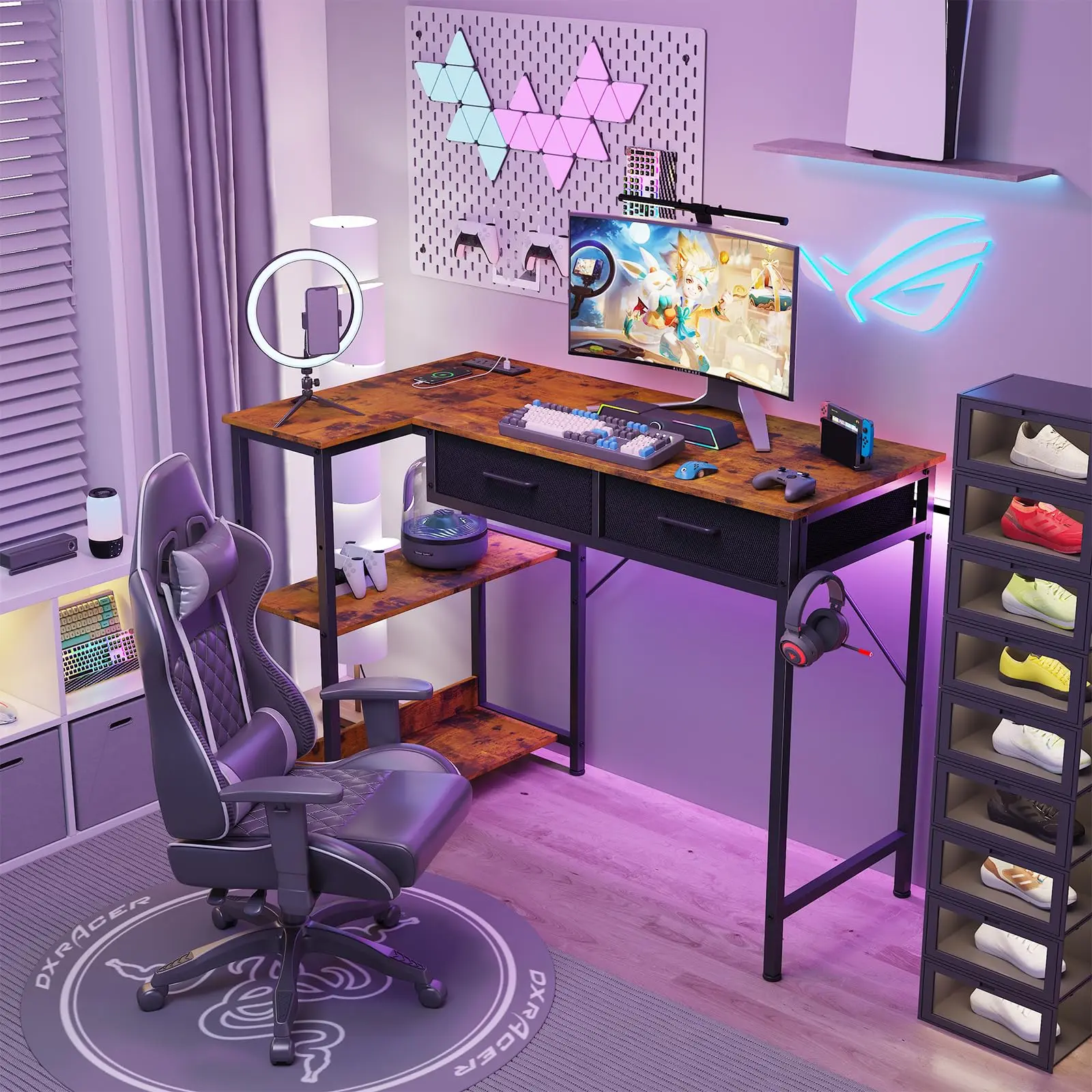 Black L-Shaped Gaming Desk with Power Outlet, 3-Tier Storage Shelves, 2 Drawers, Headphone Hook - Space-Saving Corner Office Desk for Small Home Office & Bedroom, L Shaped Desk