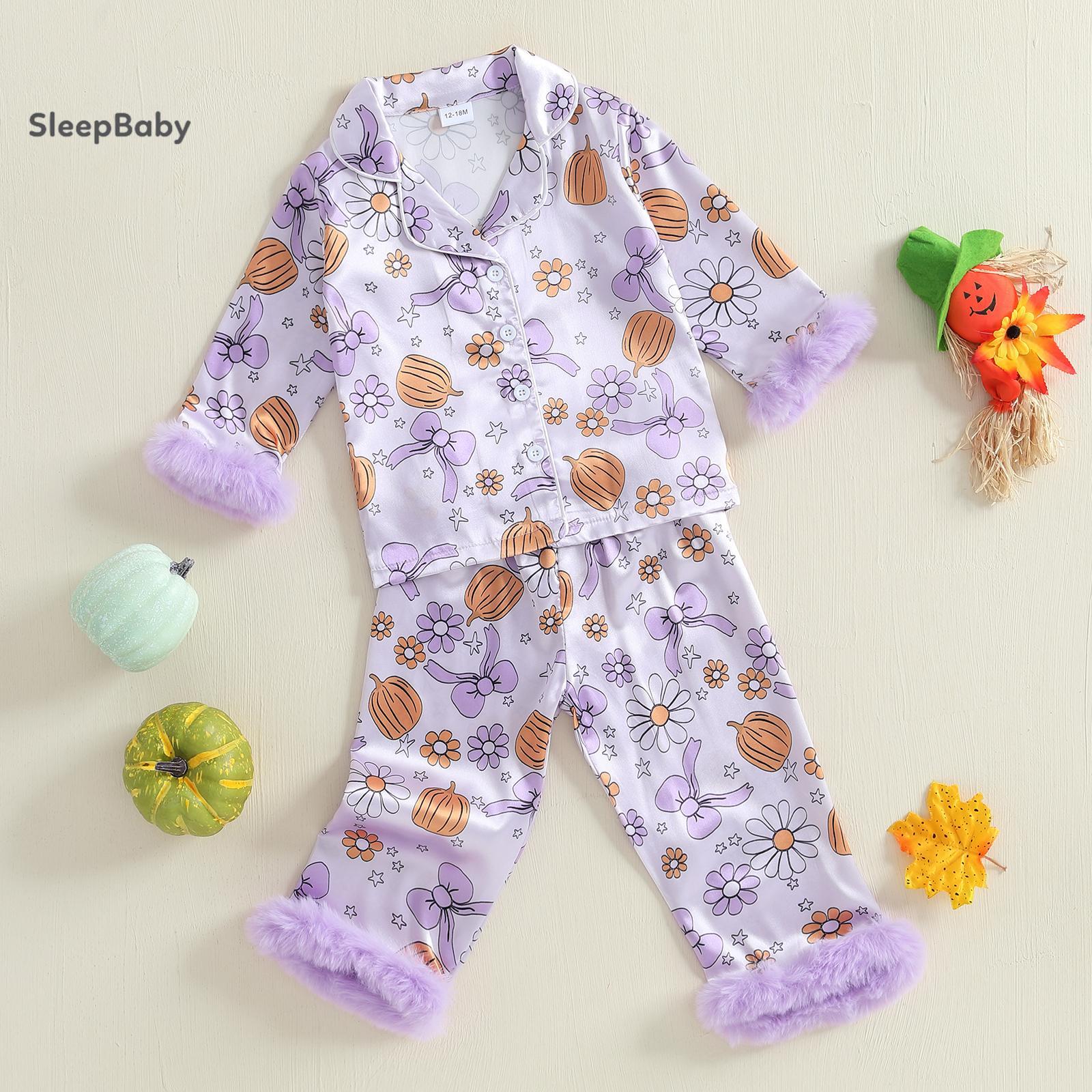 Halloween Cute Cartoon Ghost Pumpkin Print Kids Halloween Satin Pjs 2 Colors Pink Purple Fluffy Fur Cuff Lapel Long Sleeve Two Piece Toddler Girls Daily Holiday Matching Sleep Set