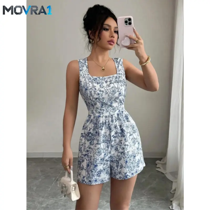 MOVRA1 Women's Plants Print Floral Tank Romper, Cute Boho Aesthetic Sleeveless Chic Romper Beach Holiday Vacation, Ladies Clothes, Womenswear
