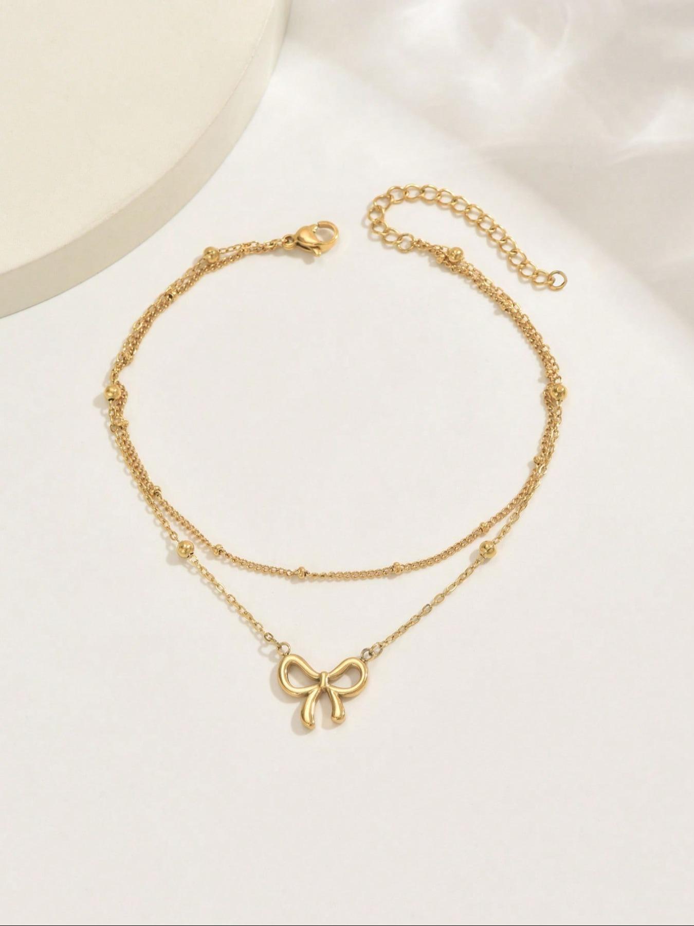 Fashion Double Layer Bow Design Anklet, Boho Anklet, Stainless Steel Foot Jewelry for Women & Girls, Elegant All-match for Daily Wear