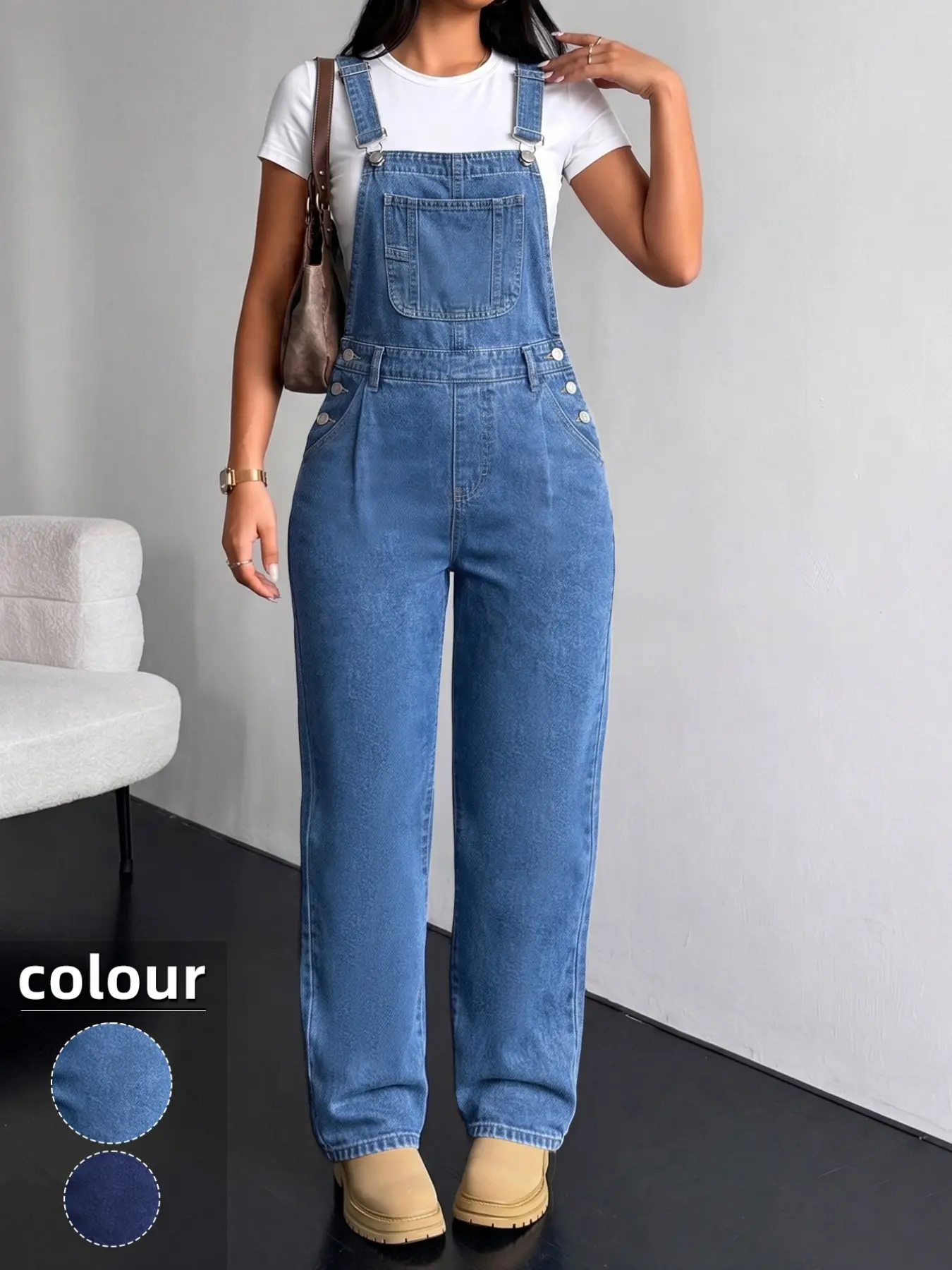 【Black Friday】Women's Medium Wash Denim Bib Overalls with Pockets and Adjustable Straps, Relaxed Straight-Leg Jumpsuit, Vintage Y2K Casual Style