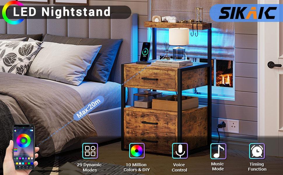 Sikaic LED Nightstand With Charging Station 2 USB Ports And 2 AC Outlets And 3 Drawers Open Storage