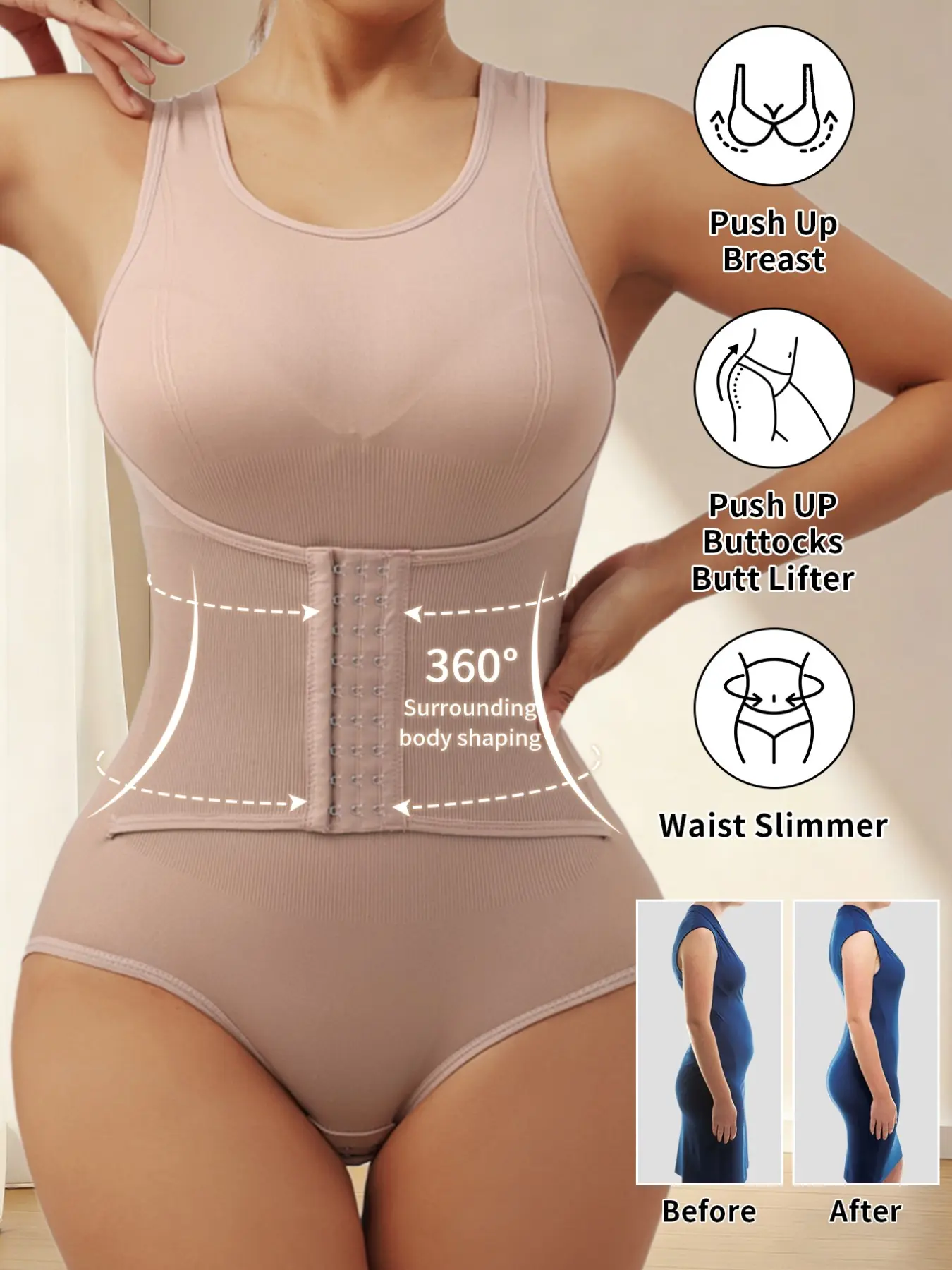 1pc Double Layer Front Closure Shaping Bodysuit for Women, Breathable Wide Straps Tummy & Butt Lift, Adjustable Crotch Hooks