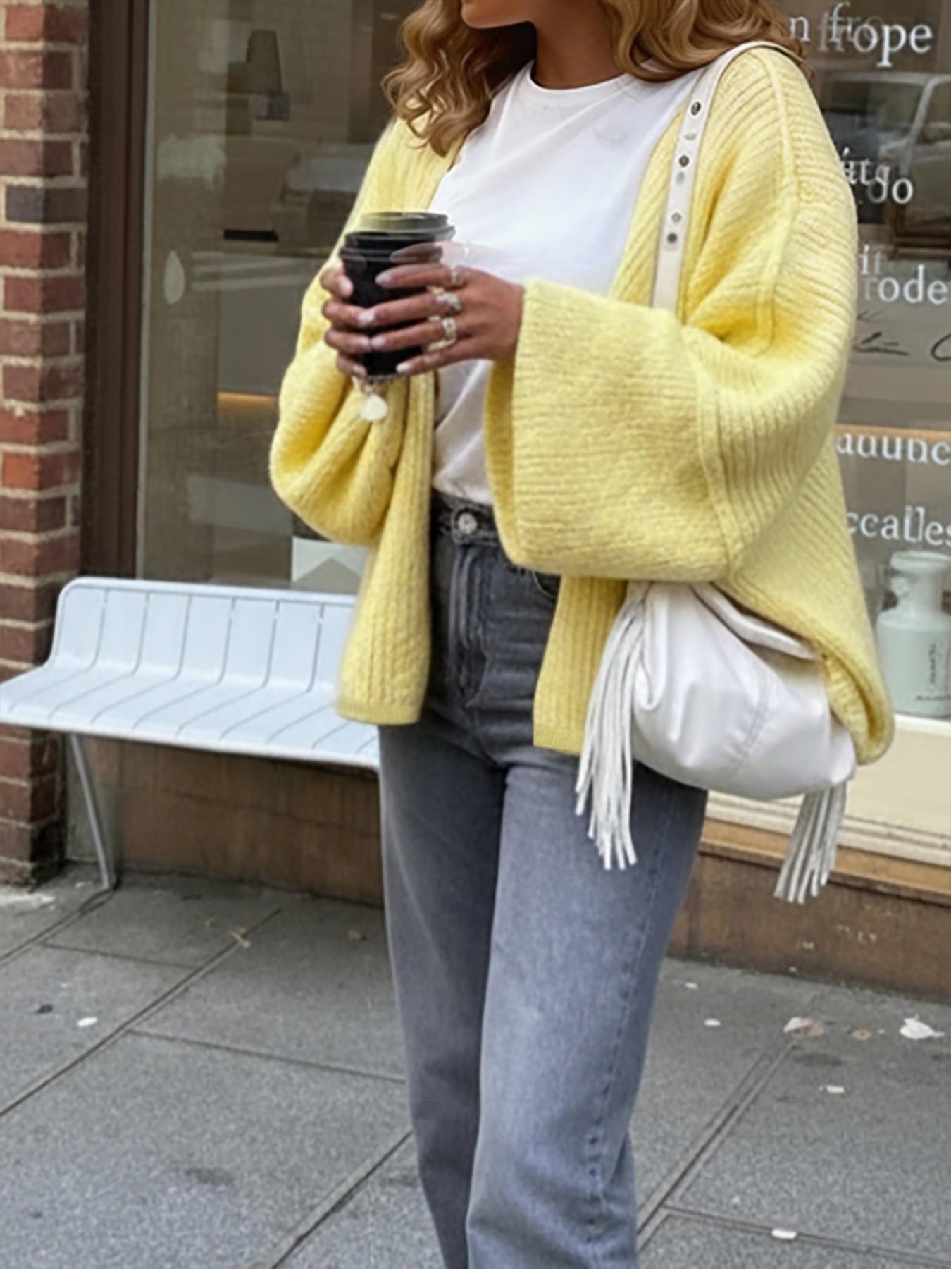 Gentle macaron-style V-neck knit cardigan, Knitwear, creamy yellow solid color, ribbed chunky knit, batwing loose sleeves, soft & cozy, Spring/fall layering essential, perfect for coffee dates, casual outings, sweet romantic vibe, Daily warm wrap-style