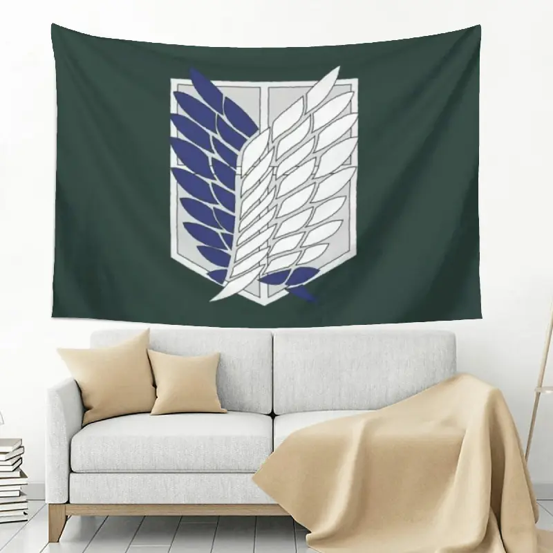 Lightweight Green White Winged Regiment Feather Emblem Tapestry - Symmetrical Insignia on Dark Forest BG, Peach Skin Fabric, Multiple Sizes, Military Anime Indoors Wall Decor for Bedroom Living Room