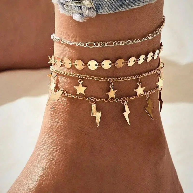 Bohemian Gold Color Star Anklets For Woman Vintage Handmade Tassel Beads Anklet Ankle Bracelet Leg Foot Bracelet Beach Jewelry