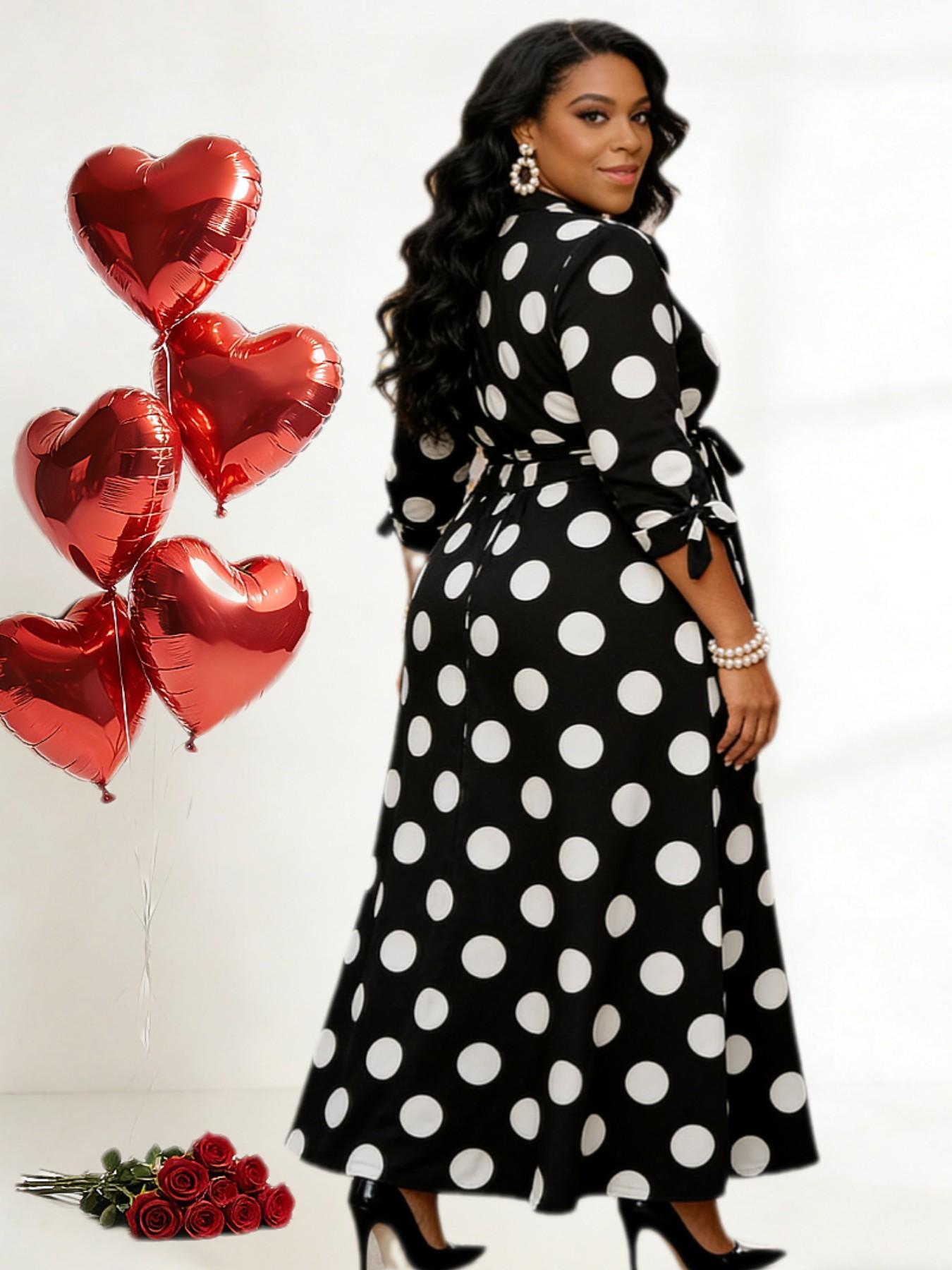 Plus Size Polka Dot Print Belted Button Front Shirt Dress, Elegant 3/4 Sleeve Tie Front High Waist Long Dress for Vacation Holiday Party, Women's Clothes for Summer