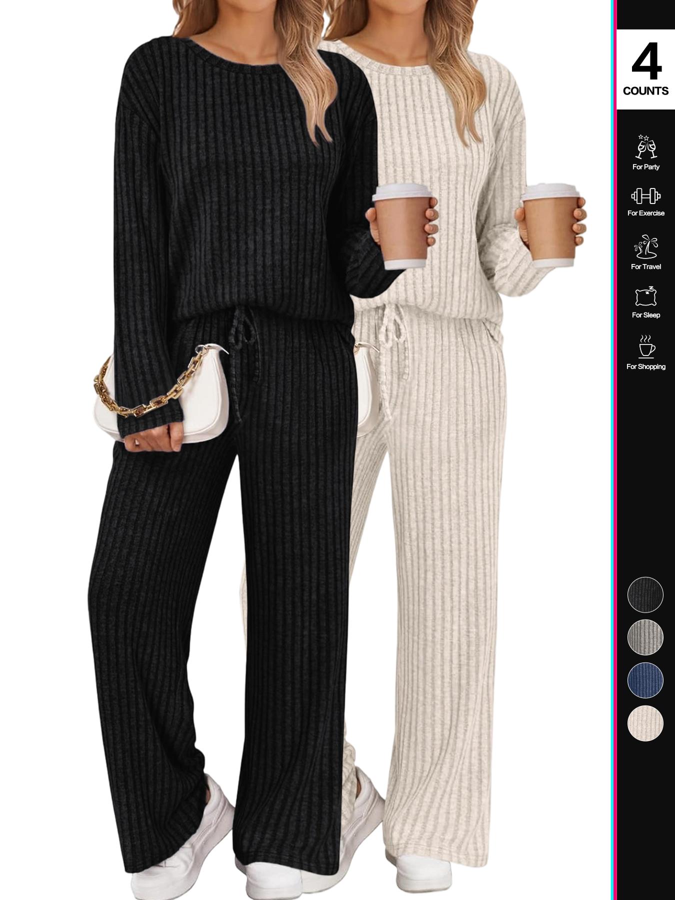 Womens Lounge Sets 2 Piece Matching Pajamas Fall Fashion 2025 Ribbed Knit Outfits Long Sleeve Casual Sweatsuits