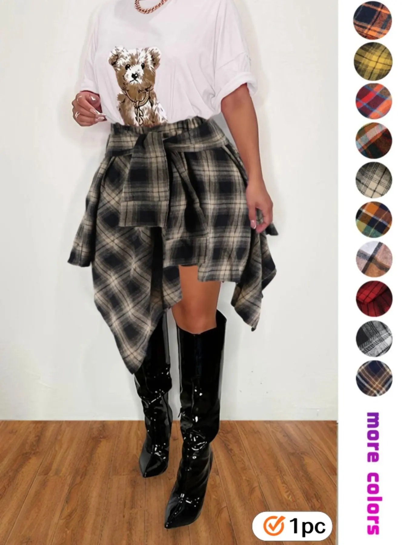 Women's Fashion Plaid Print Asymmetrical Hem High Waisted Woven Skirt, Summer Clothes Women Casual Elastic Waist Tiered Layer Knee Length Skirt For Summer Going Out Streetwear