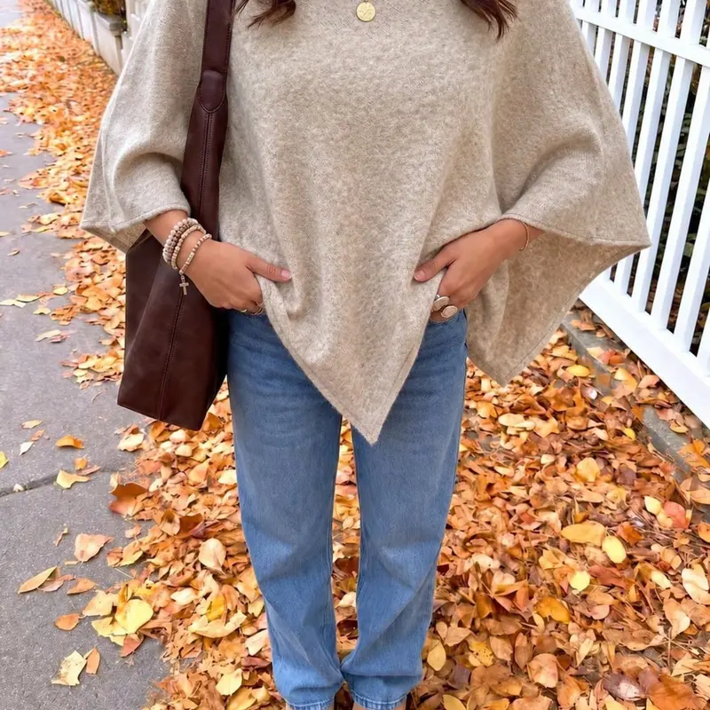 Women's Loose-Fit Pullover Knit Sweater, Batwing Sleeve Asymmetrical Hem, Elegant Casual Fall & Winter Top, Warm Textured Blend
