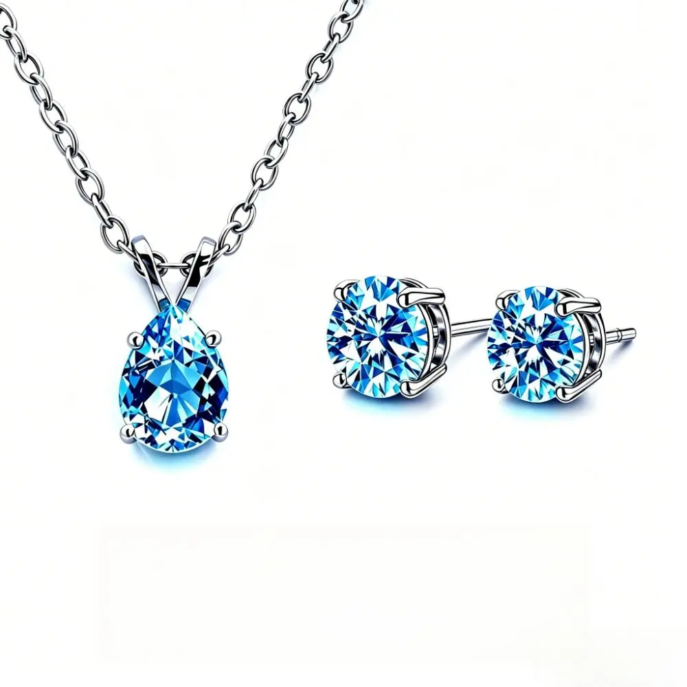 Stainless Steel 2-Piece Costume Jewelry Set - Blue Water-Drop Pendant Necklace & 4-Prong Minimalist Secure Setting Stud Earrings, Ideal Gift for Loved Ones