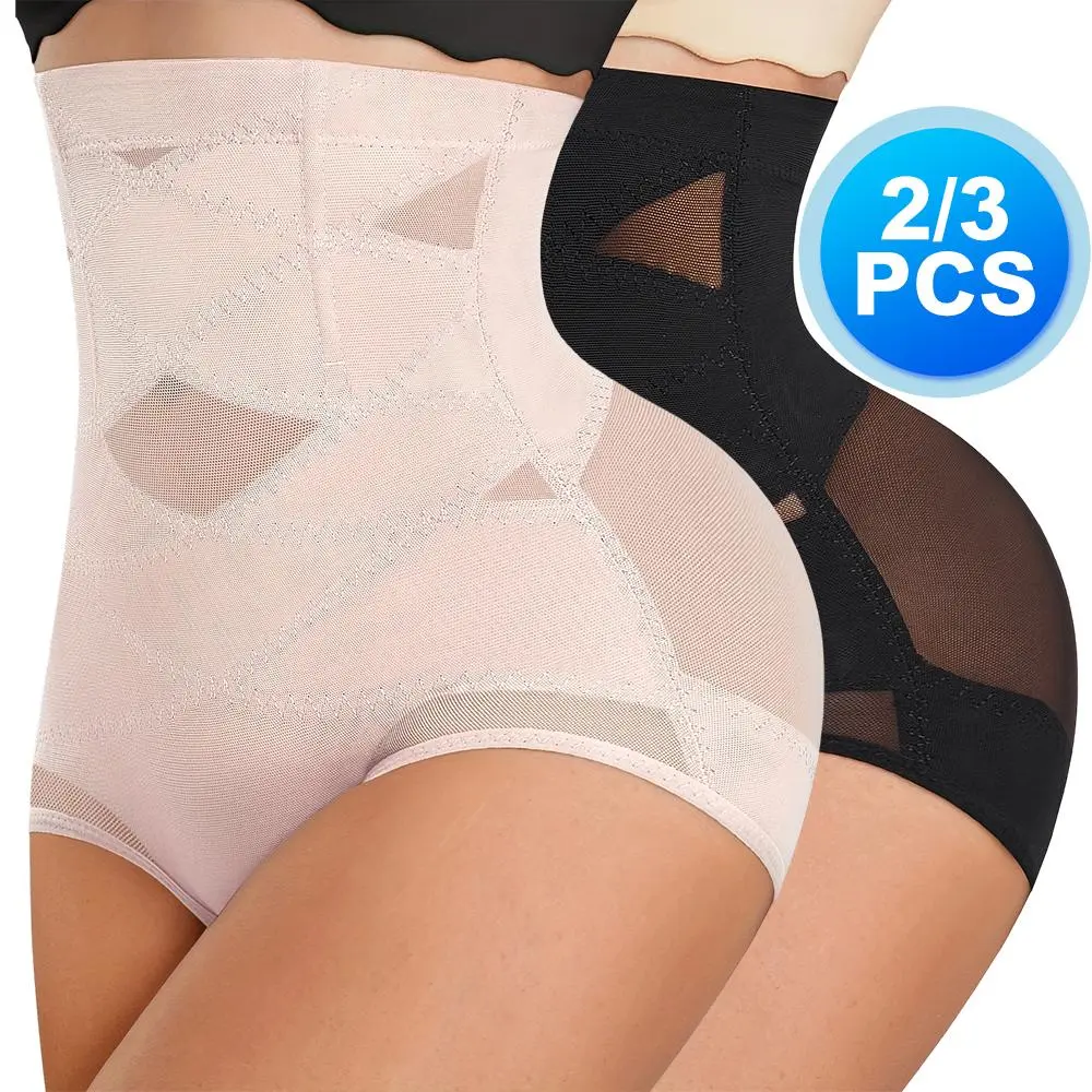 Women's 2/3PCS Nylon Tummy Control High Waist Shapewear Panties, Fashion Seamless Compression Underwear, Everyday Postpartum Body Shaper Stomach Girdle Clothes, Fabric, Body Shaping, Minimalist, Lady