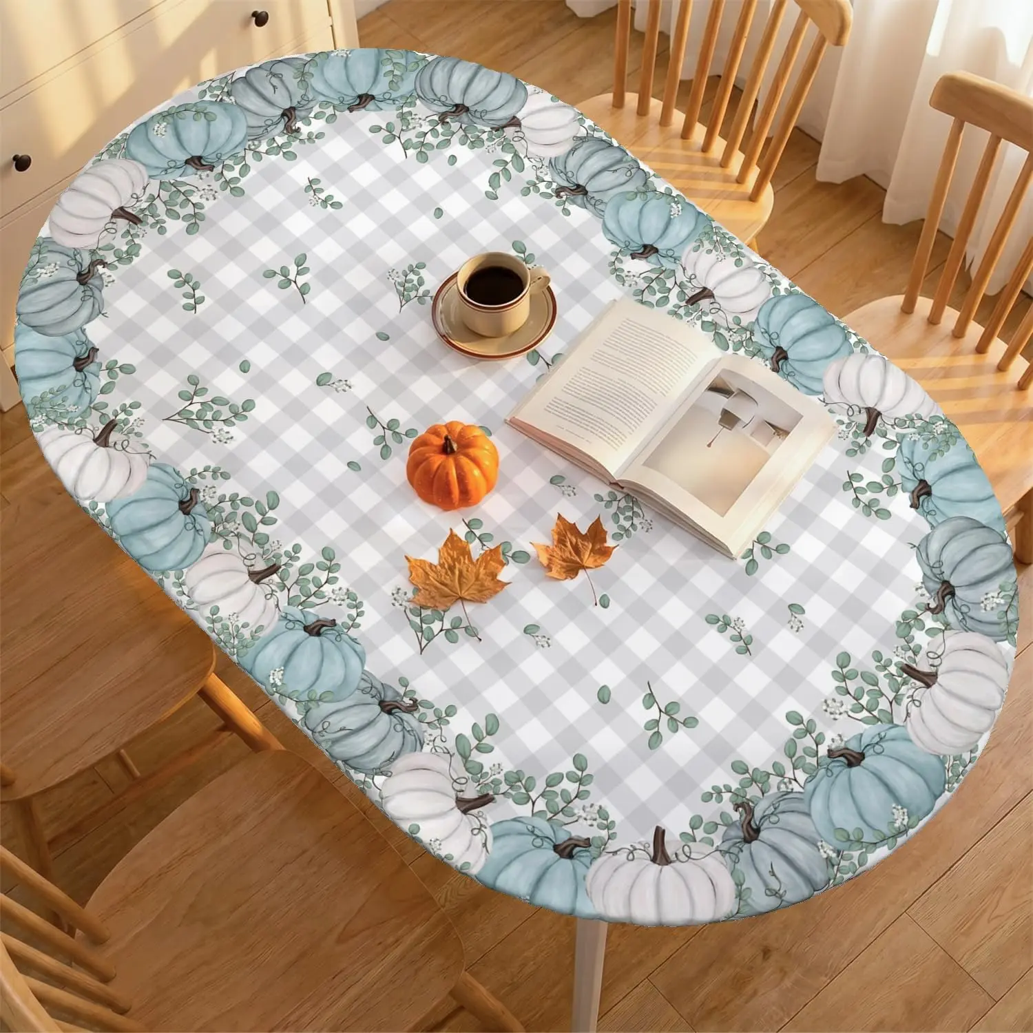 Horaldaily Fall Fitted Tablecloth for 64x44 Inch Oval,Pumpkin Plaid Blue| Thanksgiving Buffalo Checkered Washable Table Cover With Elastic Edge for Decoration, Kitchen, Dining, Picnic, Camping, Party