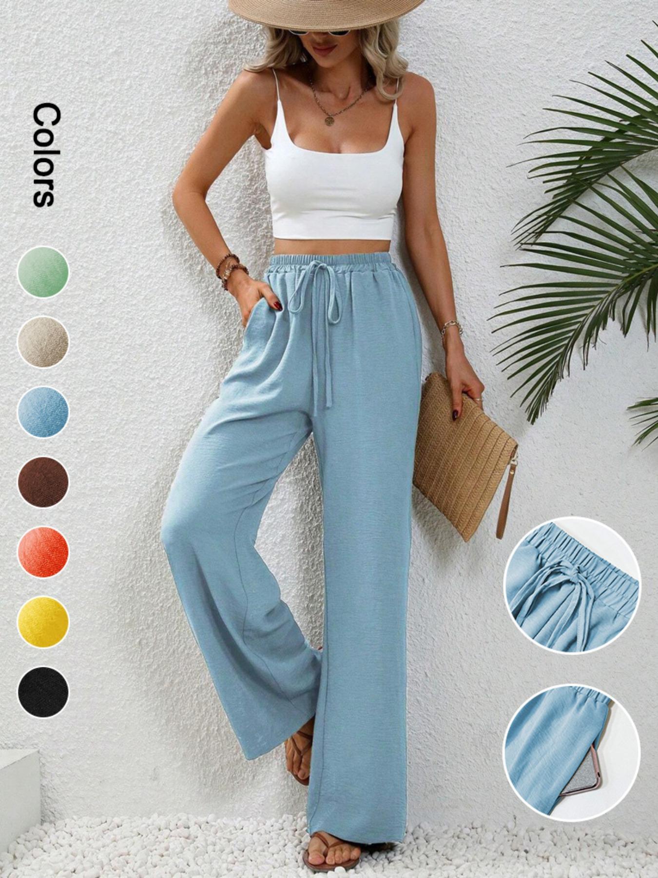 Women's Plain Pocket Tie Front Adjustable Elastic Waist Straight Leg Pants, Casual High Waist Wide Leg Trousers for Daily Wear, Ladies Bottoms for All Seasons, Baggy Pants