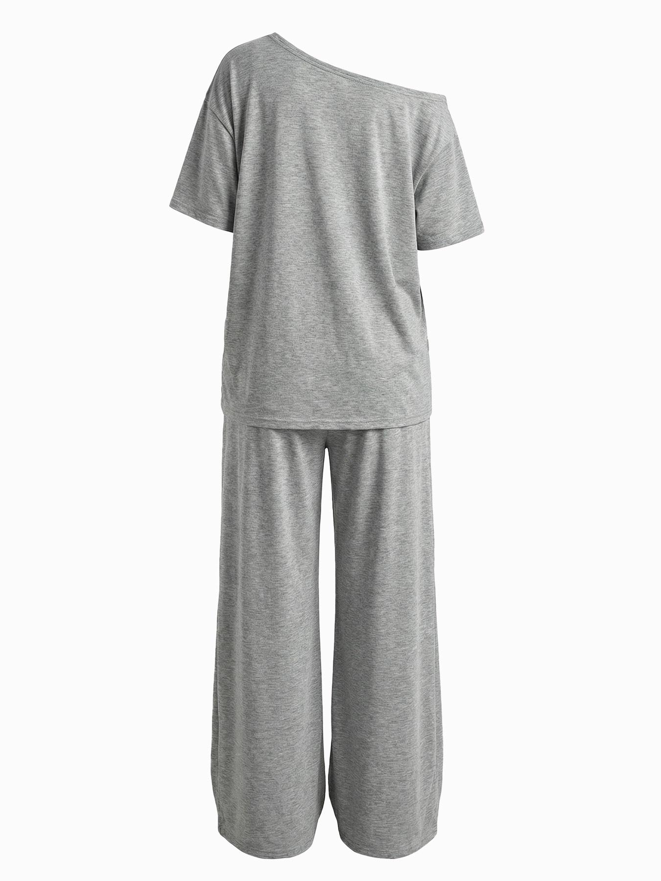 2pcs/Set Women's Minimalist Basic Daily Wear Casual Going Out Sport Comfortable Off Shoulder T-Shirt And Wide Leg Pants Two Pieces Outfits