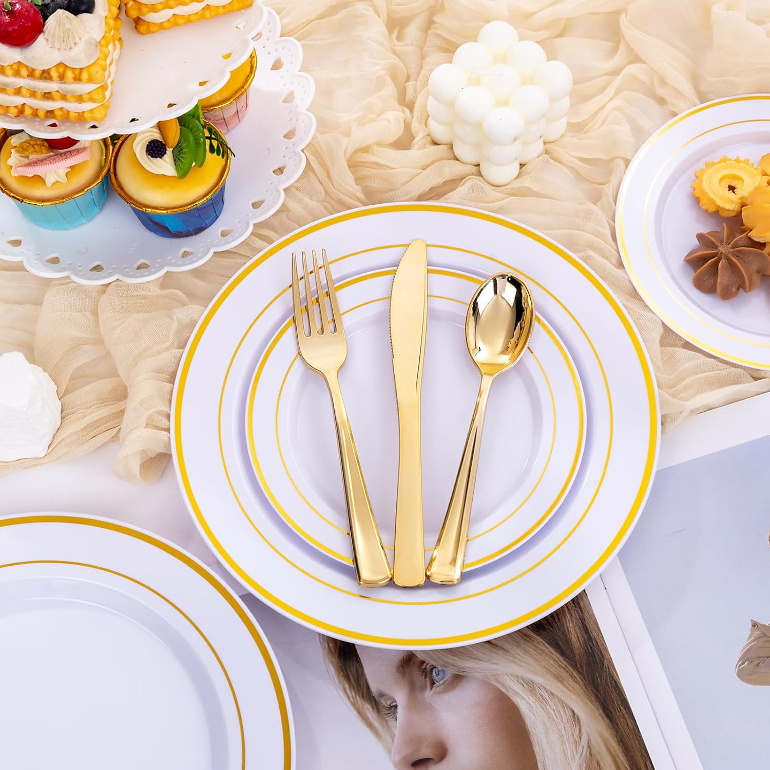 Pieces Gold/Silver Disposable Plastic Plates Set, Elegant Plates for Wedding & Party