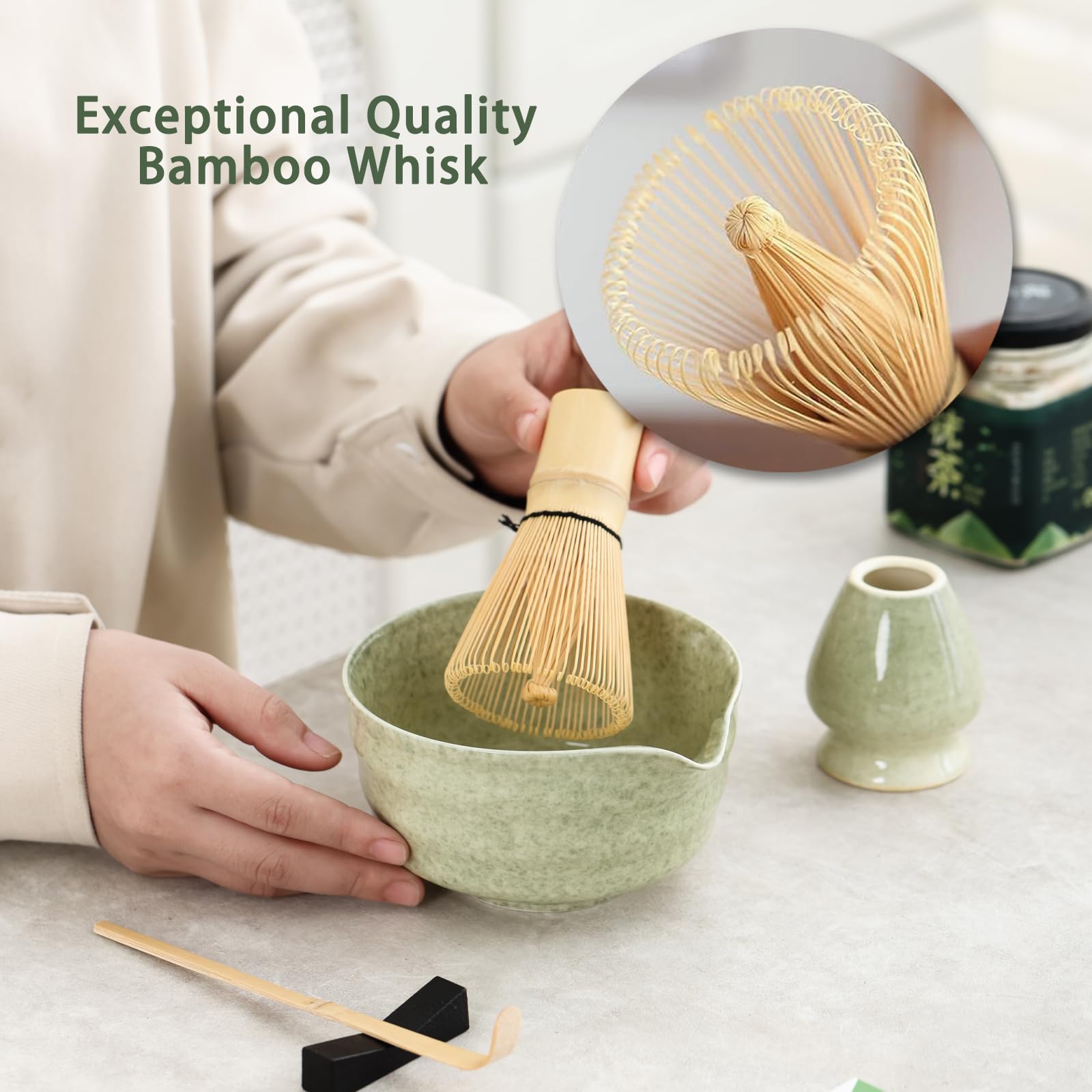 Japanese Tea Set, 1 Set Including Matcha Bowl with  Bamboo Scoop & Matcha Whisk & Whisk Holder, Tea Making Tool for Home Office