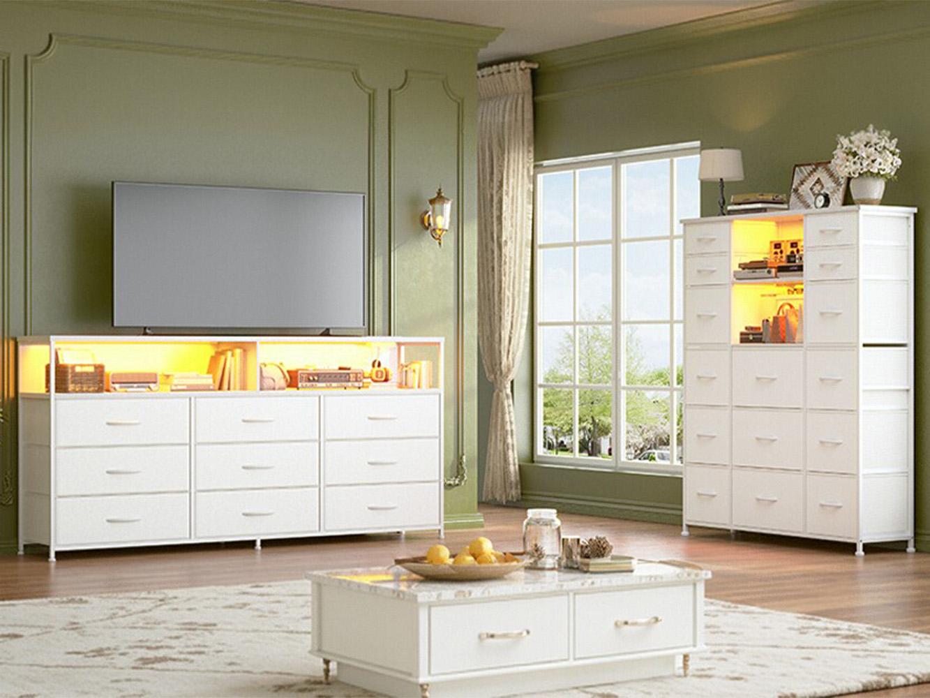 Raybee Furniture 65" TV Stand Dresser with 9 Fabric Drawers, Modern Chest with LED Lights & Built-in Charging Station, Long Storage Dresser with Wooden T