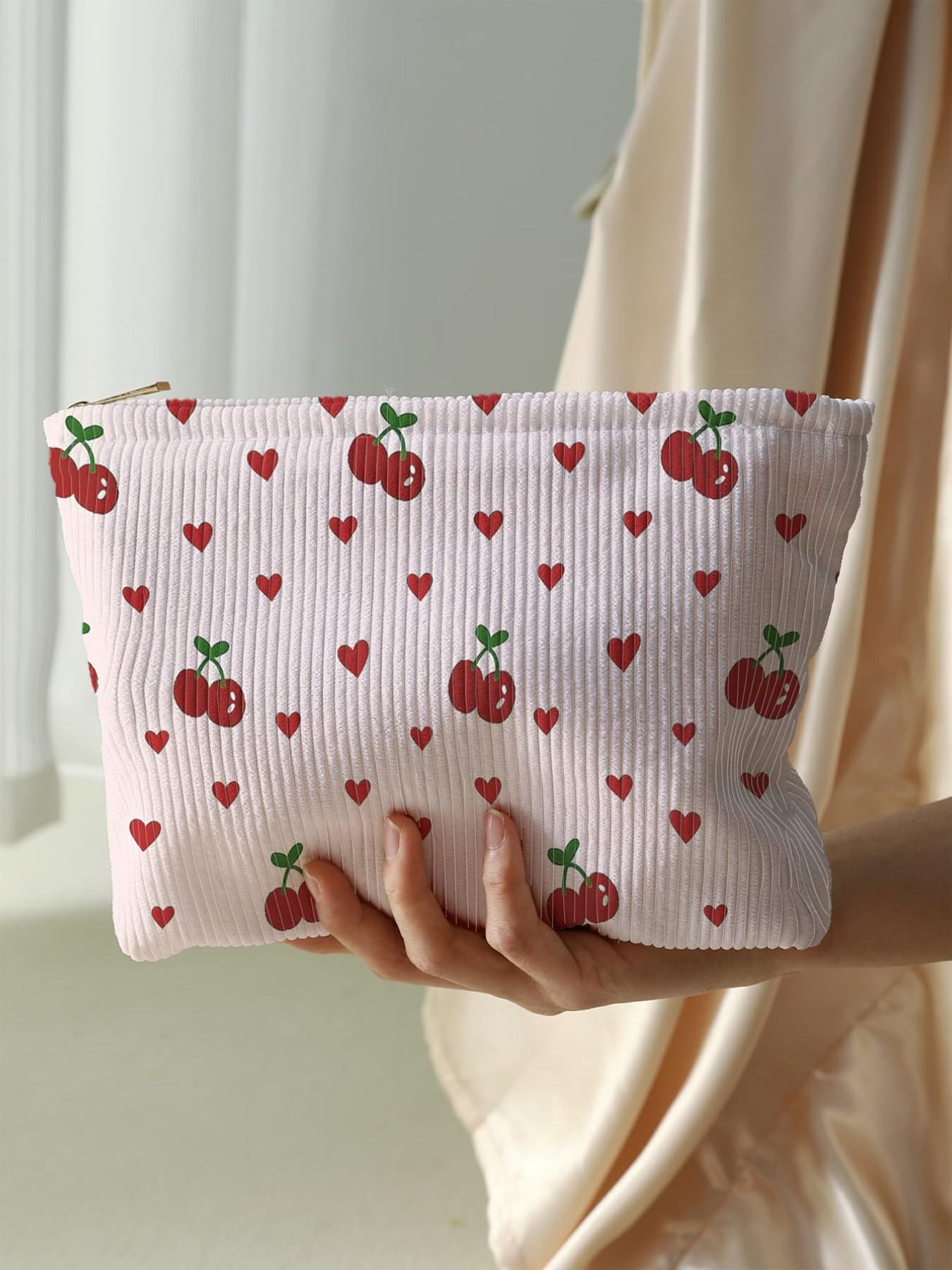 Cherry & Bow Pattern Makeup Bag, Lightweight Multi-functional Fashion Makeup Bag, Casual Travel Makeup Bag, Suitable for Leisure Travel and Various Occasions, Travel Cosmetic Bags, Makeup Pouch, Makeup Organizer Pouch, Travel Essentials, Travel Beauty Bag