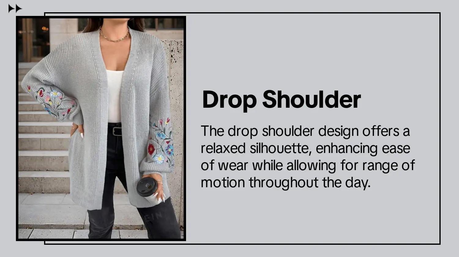 Plus Size Floral Embroidery Drop Shoulder Long Sleeve Vneck Cardigan, Casual Open Front Cardigan Tops for Fall & Winter, Women's Knitwear for Daily Wear, Longsleeves Womenswear  Sweater, Lightweight Knit Sweater