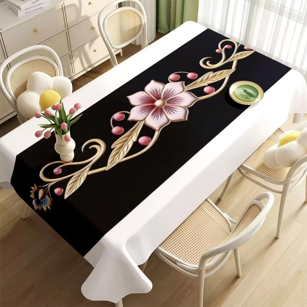 JIT 1pc 2D flat vintage black and white floral pattern rectangular tablecloth, for kitchen, living room, and dining table, kitchen accessory, party, room & outdoor decorative tablecloth, a tablecloth gift for friends