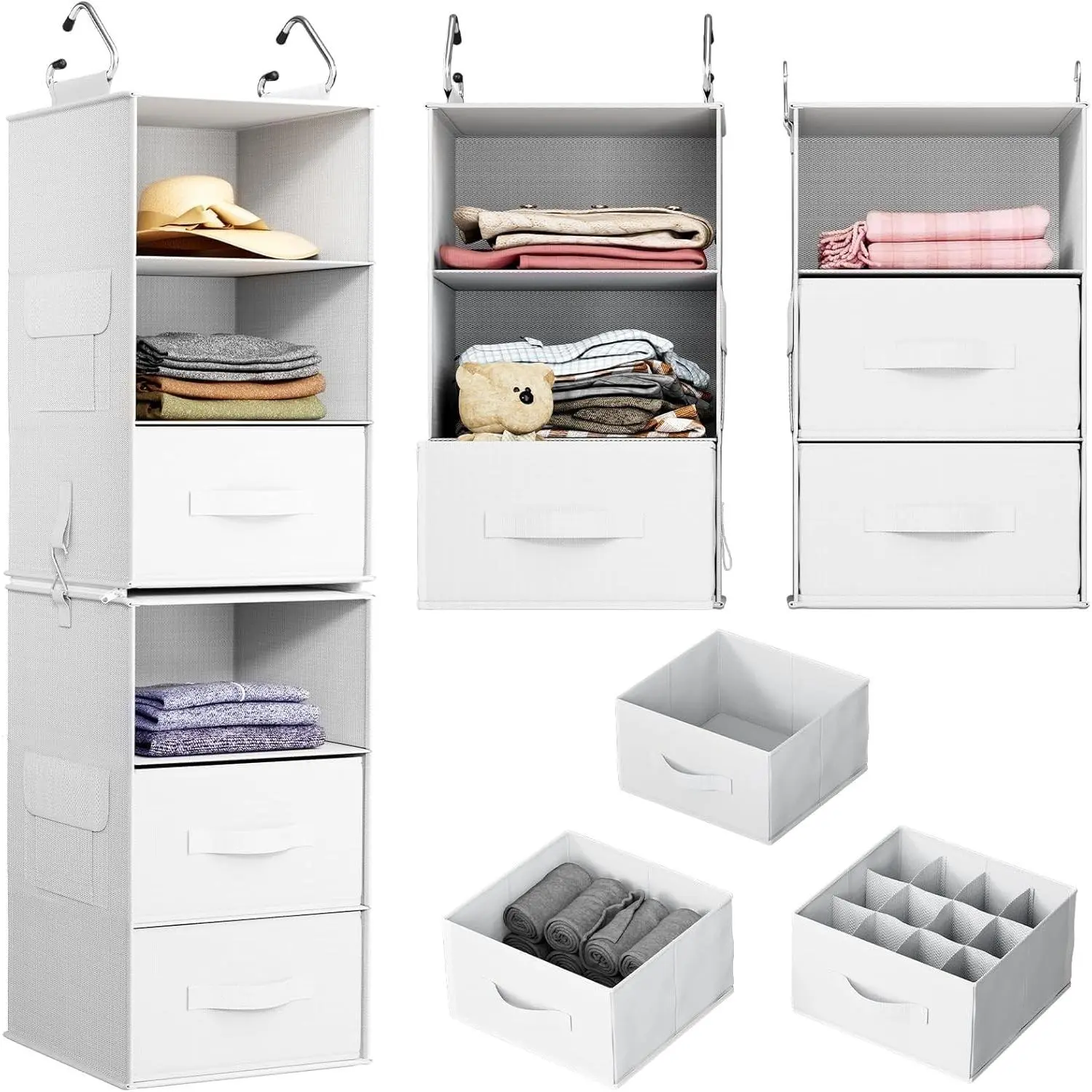 White 6-Shelf Hanging Closet Rack Organizer with 2 Separable 3-Tier Shelves, 3 Drawers & Side Pockets, for Menswear & Nursery Clothes Storage