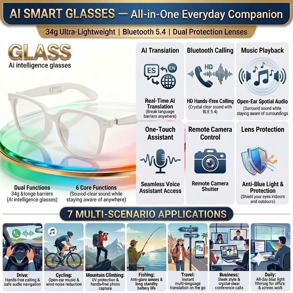 SENBONO Smart Glasses, Wireless Glasses, Polarized Bluetooth Sunglasses with Microphone & Speaker, UV Protection, Auto Pairing, AI Translation, Voice Assistant