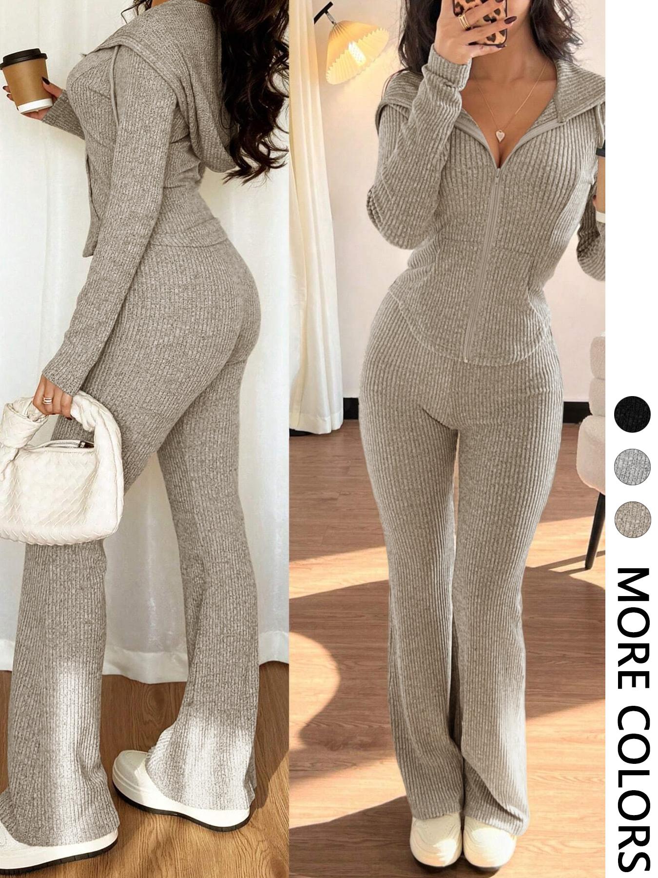 Classic Suit Set, Casual Hooded Fitted Long Sleeve Jacket & Flared Knit Pants Set, Two-Piece with Pockets, Comfortable Fashion for Daily Wear Womenswear, Curve Hugging, Stylish, Waist Cinching, Comfy, Minimalist Chic