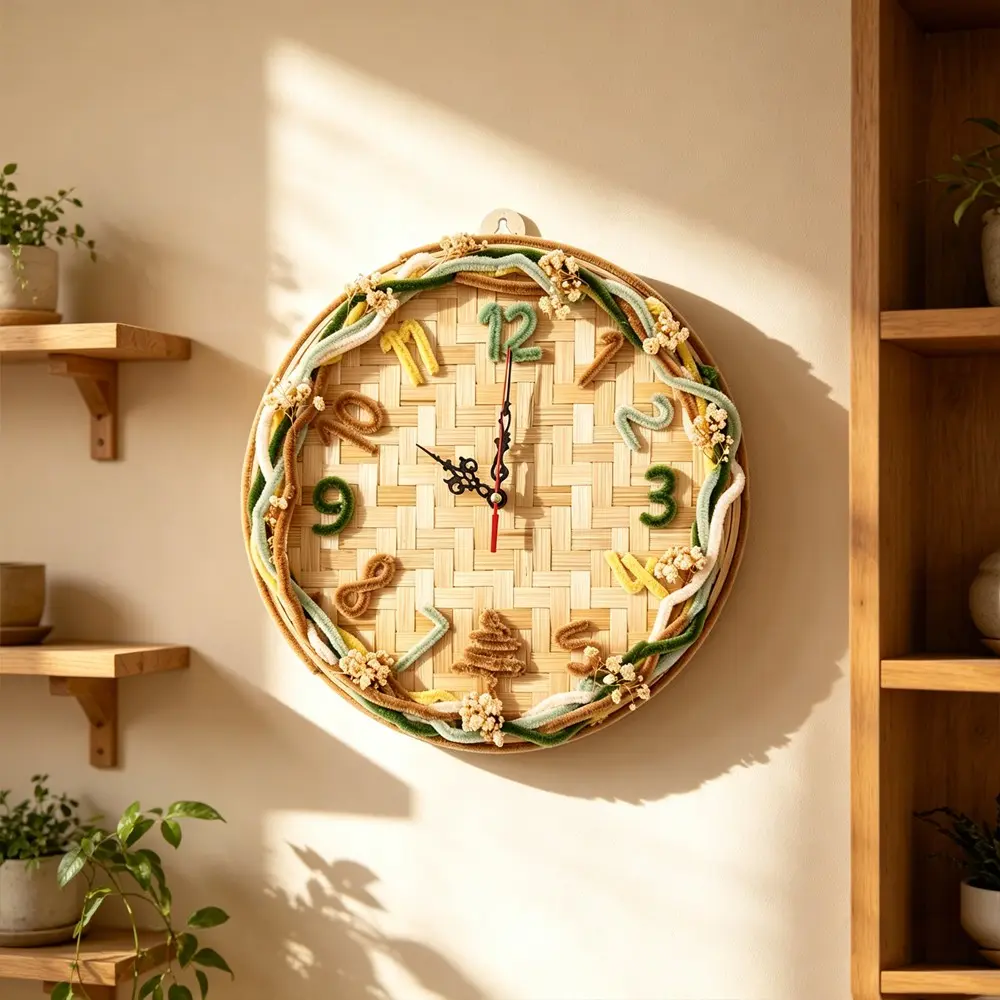 Handcrafted Floral Wall Clock Silent Bamboo Woven Base non Ticking Velvet Flower Wreath Boho Decorative Hanging Watch Rustic Farmhouse Vintage Art Piece for Living Room Dorm Bedside Aesthetics Country Cottage Wall Decor Cozy Holiday New Home Gifts