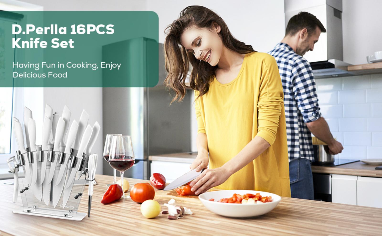 D.Perlla Knife Set Ceramic 16 Pieces White Kitchen Knife Set with Acrylic Stand, High Carbon Stainless Steel, Non Stick Coated Knife Block Set, No Rust, Non Slip Handle, Sharp Knife