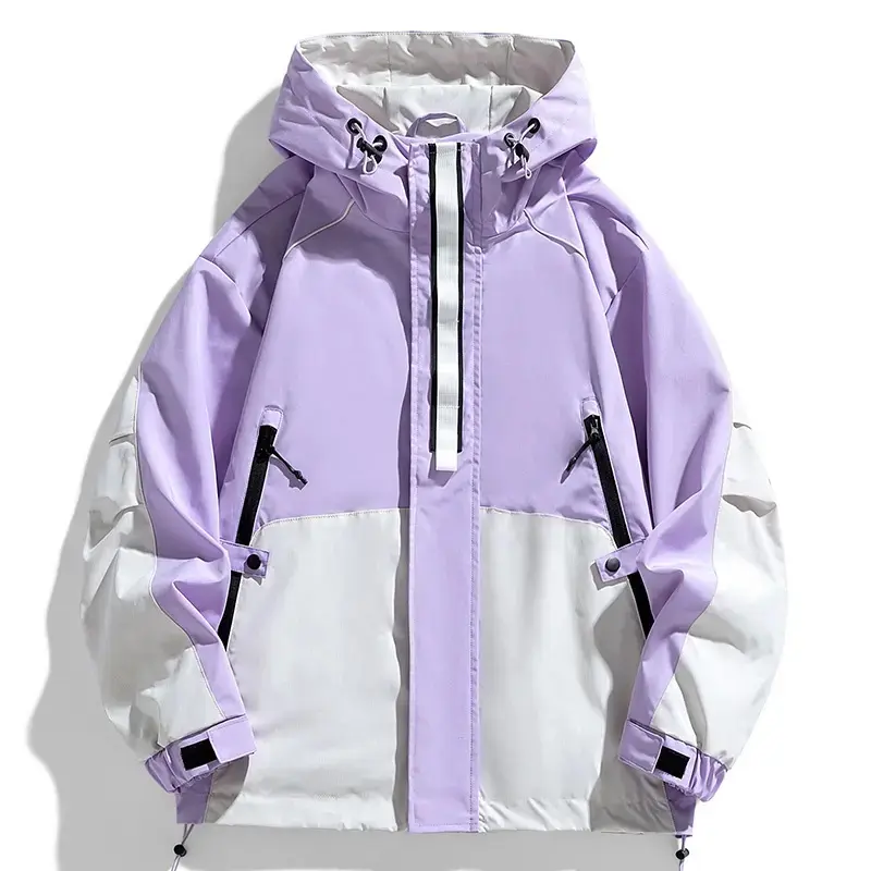 Women's Pastel Color-Block Casual Polyester Techwear Jacket, Harajuku-Style Hooded Waterproof Windbreaker, Utility-Pocket Outdoor Coat for Skiing, Hiking, Daily Commute
