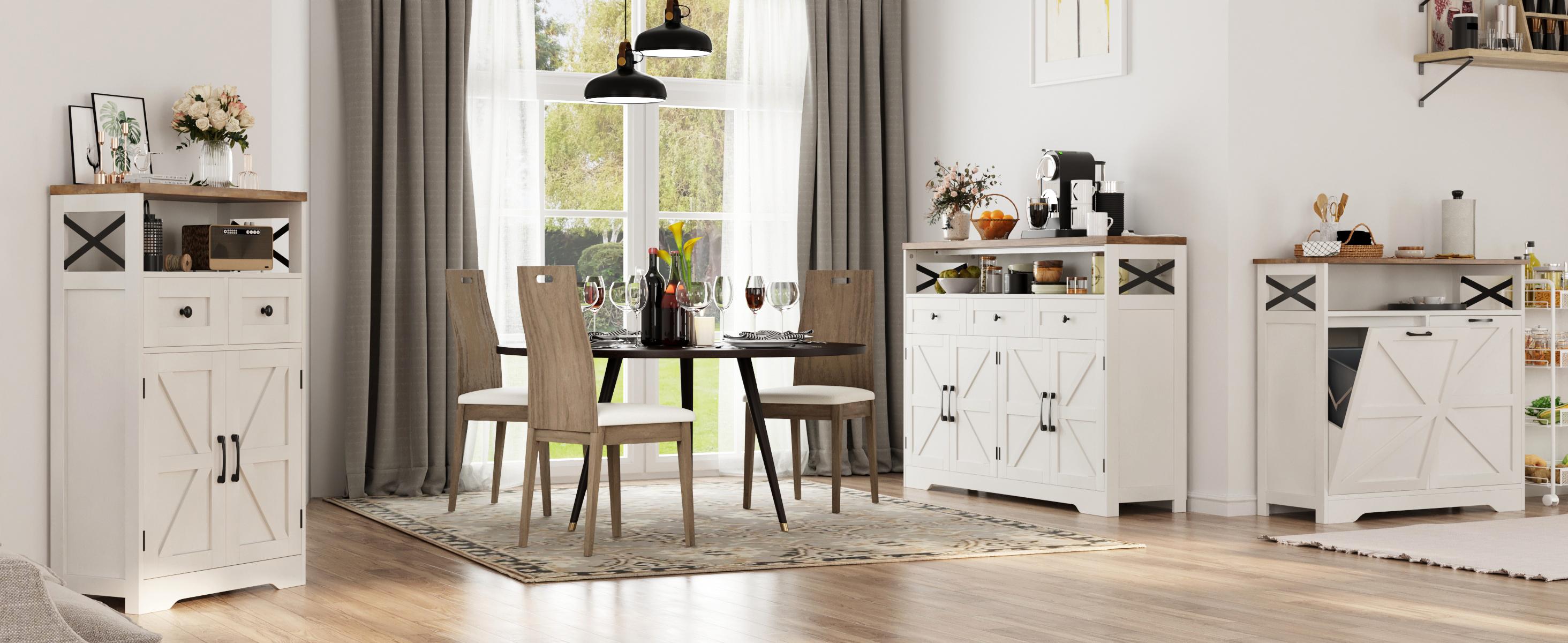 Vabches Farmhouse Buffet & Sideboard Cabinet with Storage - White Pantry Cabinet with Drawers, Wood Cupboard Hutch, Coffee Bar Station Table for Kitchen, Living Room & Dining Room