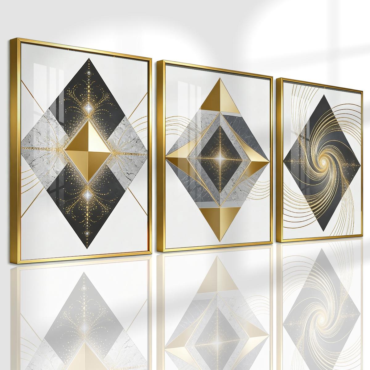 3 Counts Aluminum Alloy Framed Painting, Geometric Gold And Marble Abstract Art Pictures, Home Decoration For Living Room, Bedroom, Office, Restaurant, Hallway Wall Decor, Odorless Print Artwork, Luxury Perfect Gift For Friends And Family