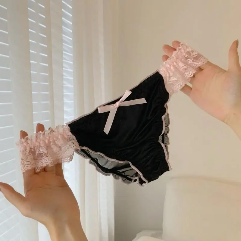 Women’s 4-Pack French Satin Lace Bow Panties - Comfy Silky Intimates, Soft Breathable Stretch Fabric, Low-Waist Comfortable Pieces, for Everyday, Anniversary Use